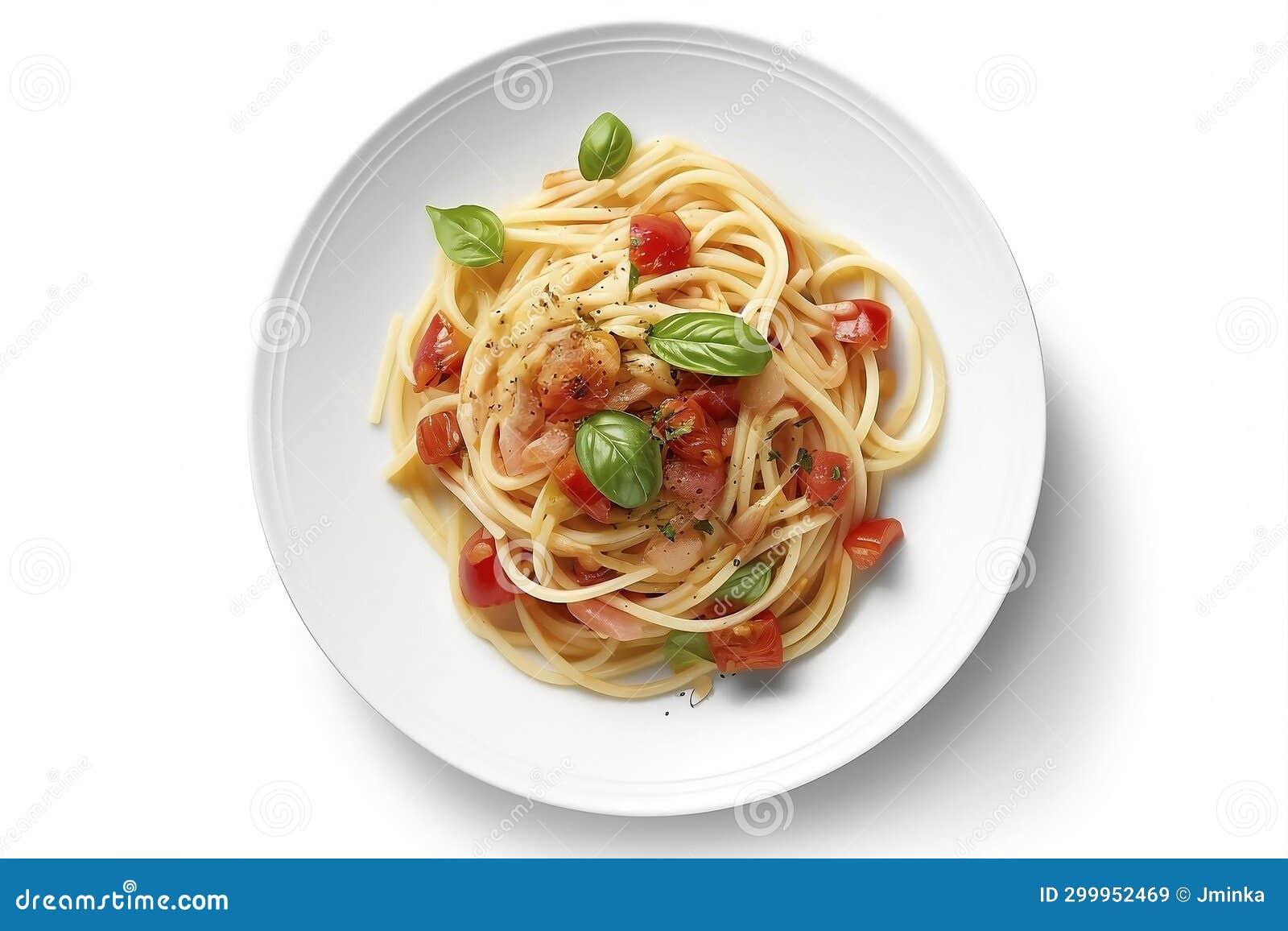 Top View of White Plate with Spaghetti with Sauce Isolated on White