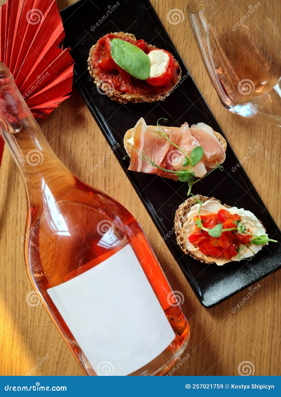 Top View of Wine and Appetizer in Form of Spanish Tapas Stock Image