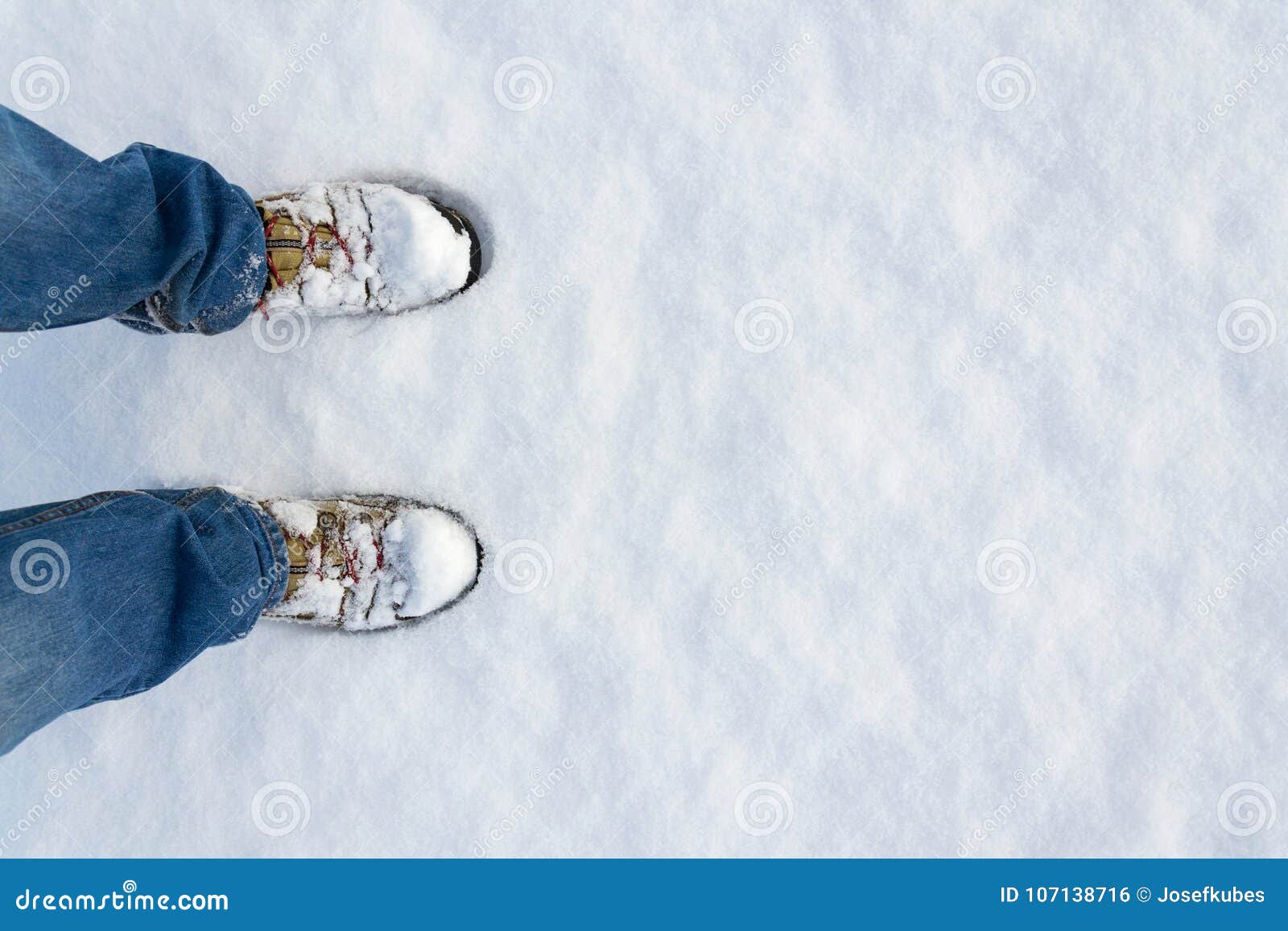 Winter Shoes Footprint in Fresh Snow, Blue Jeans Trousers, Copyspace ...