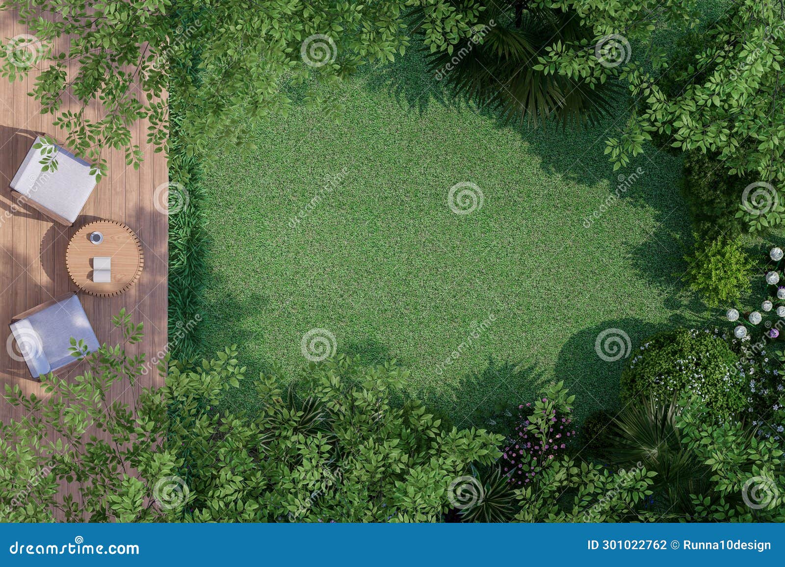 top view wooden terrace with tropical style garden 3d render