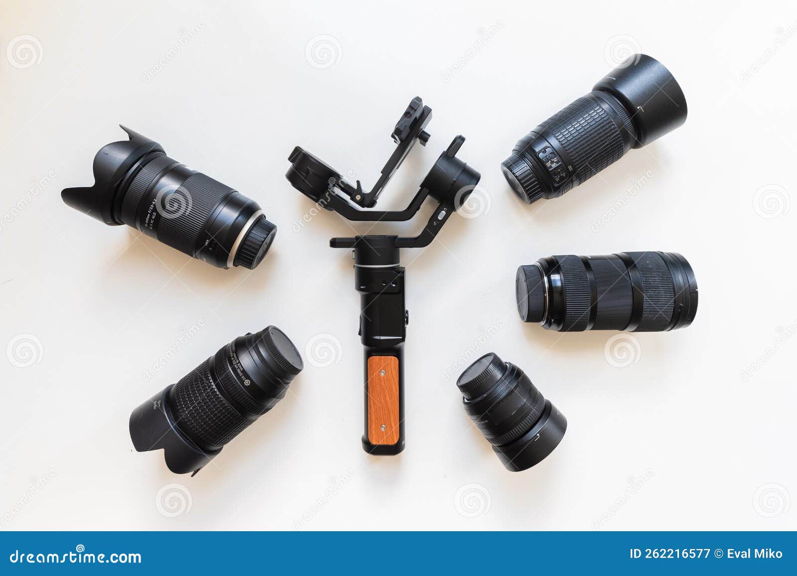 Top View of Work Space Videographer with Digital Gear, Gimbal Stabilizer, Lens and Camera