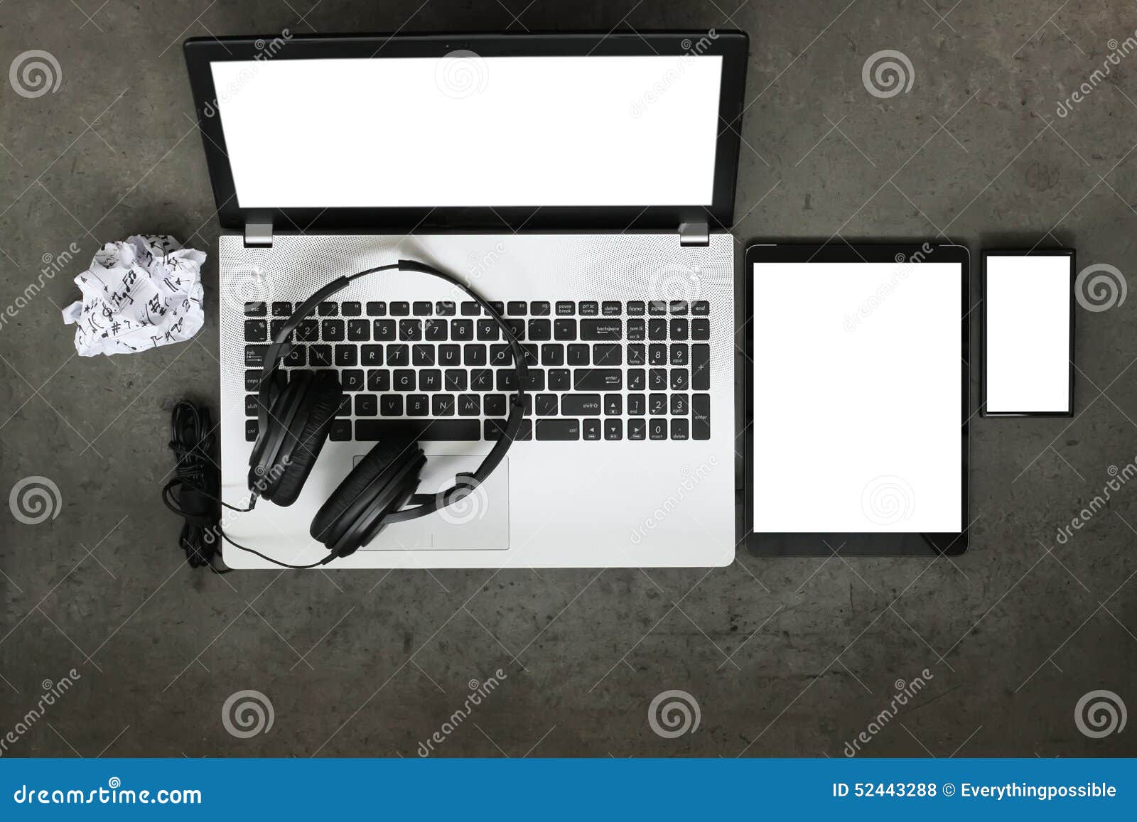 top view of workspace of composing music concept