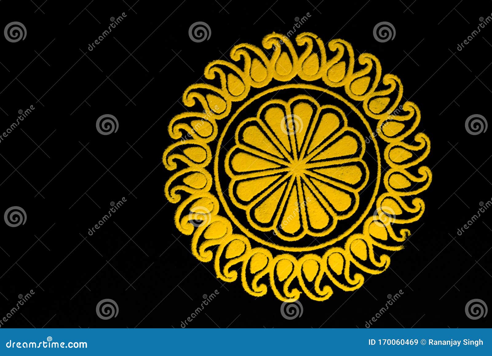 Top View of Yellow Rangoli Design on Balck Background with Copy Space.  Dhanteras Decoration Concept Stock Image - Image of concept, space:  170060469