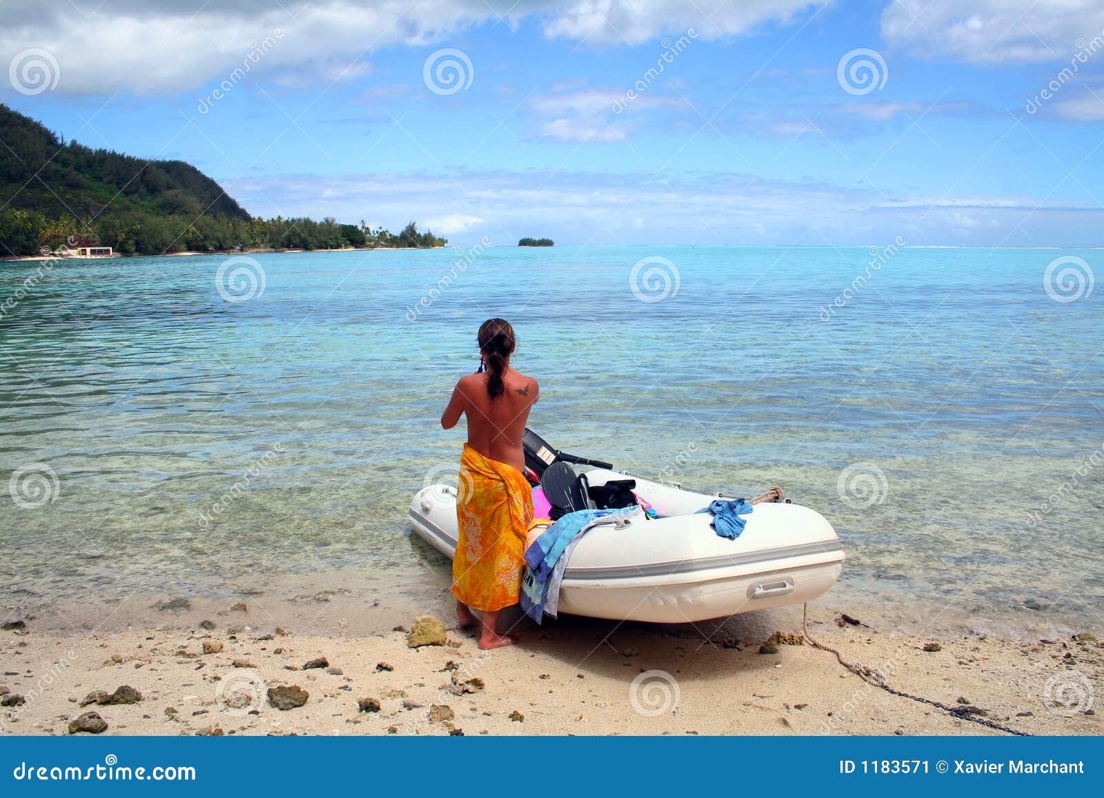 Topless Woman on the Beach Aside an Inflatable Boat Stock Image Image
