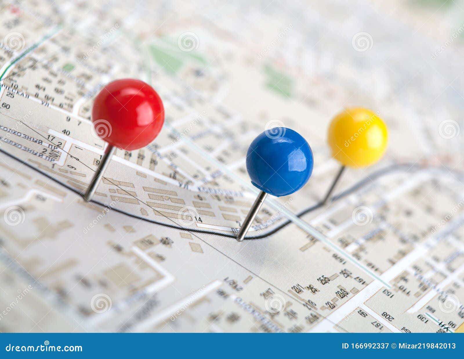 Topographic Map with Colored Needles Pushpins Close Up Stock Image