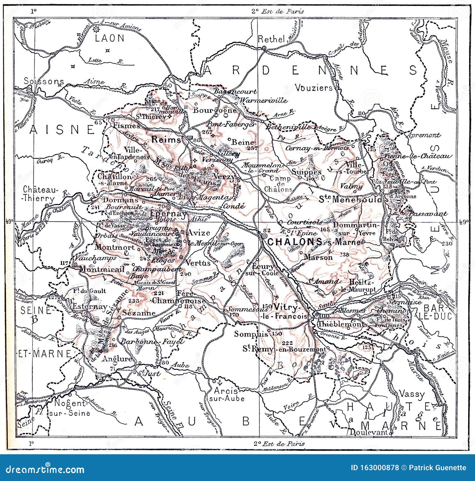 Topographical Map of Marne in Champagne-Ardenne, France, Vintage Stock ...