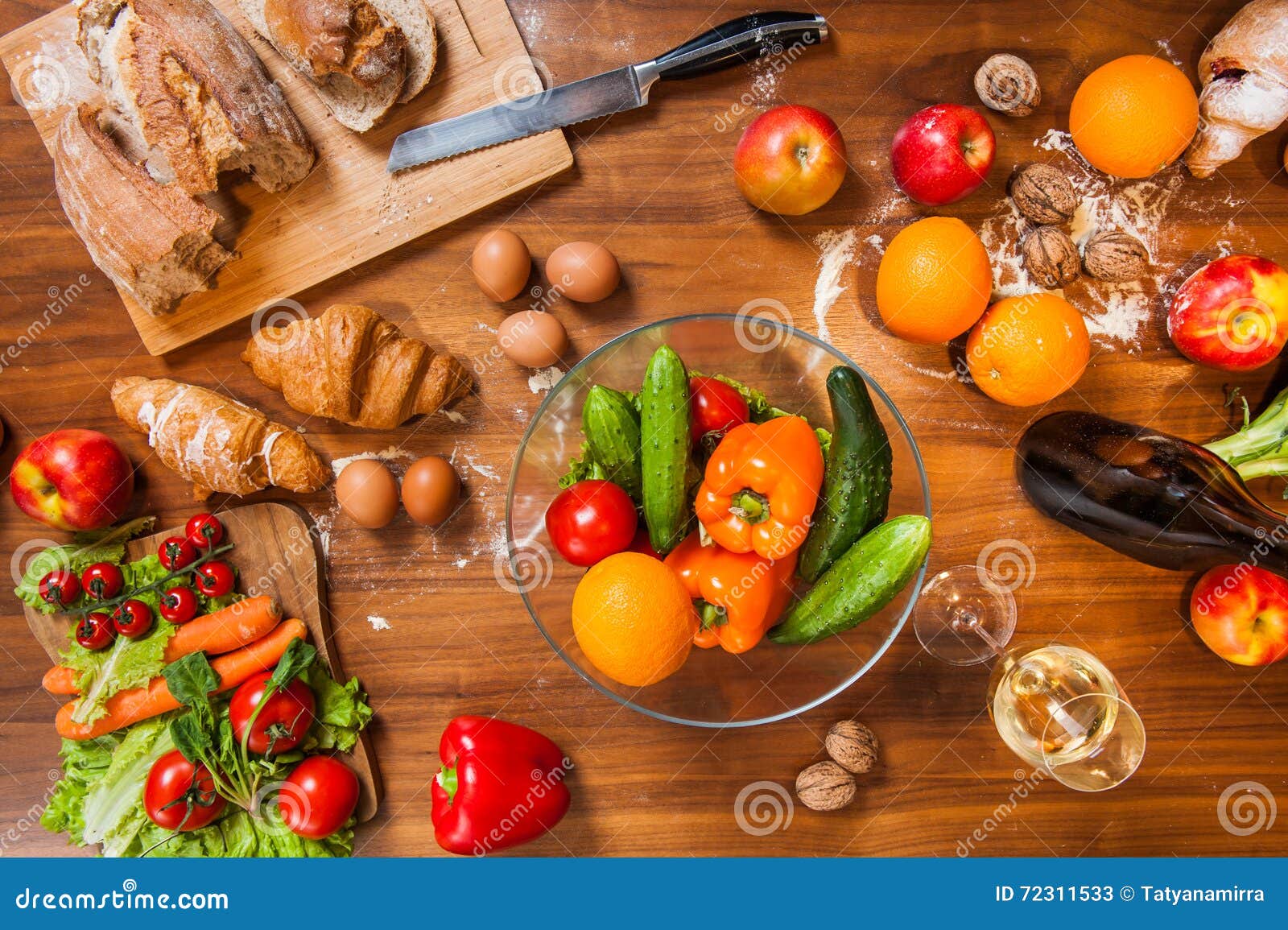 kitchen and table with food