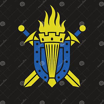 Torch on the Background of a Shield and Crossed Swords. Stock Vector