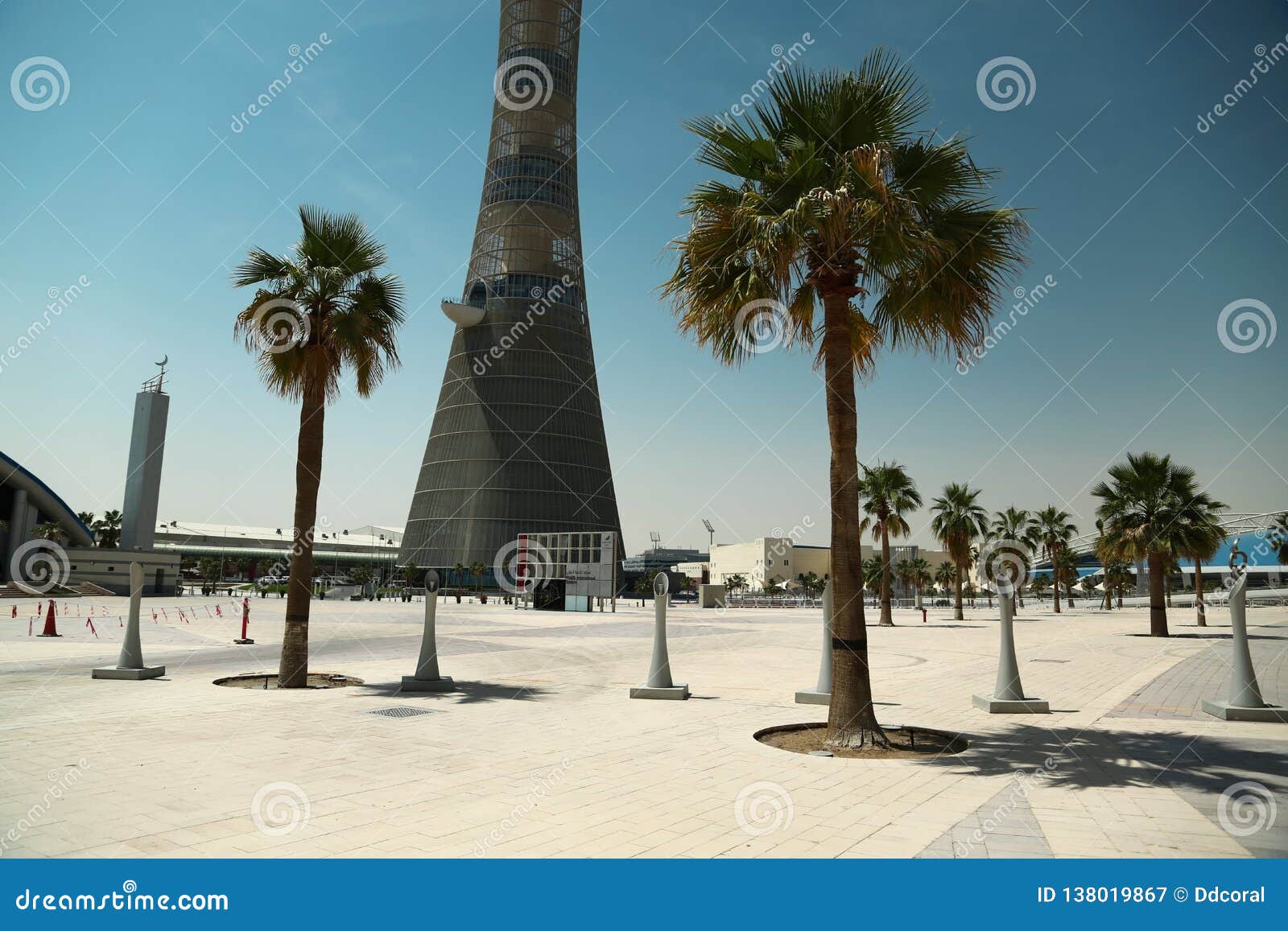 Torch Tower And Khalifa Stadium Notice Board In Aspire Zone Doha