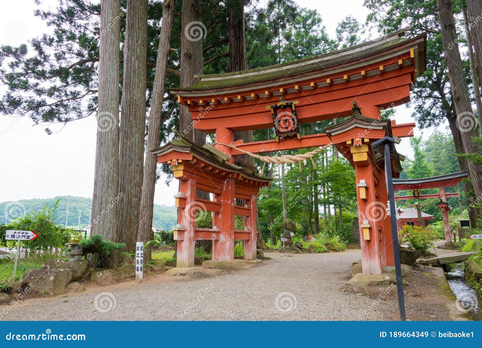 torii at takkoku-no-iwaya bisyamondo hall in hiraizumi, iwate, japan. the temple was founded by