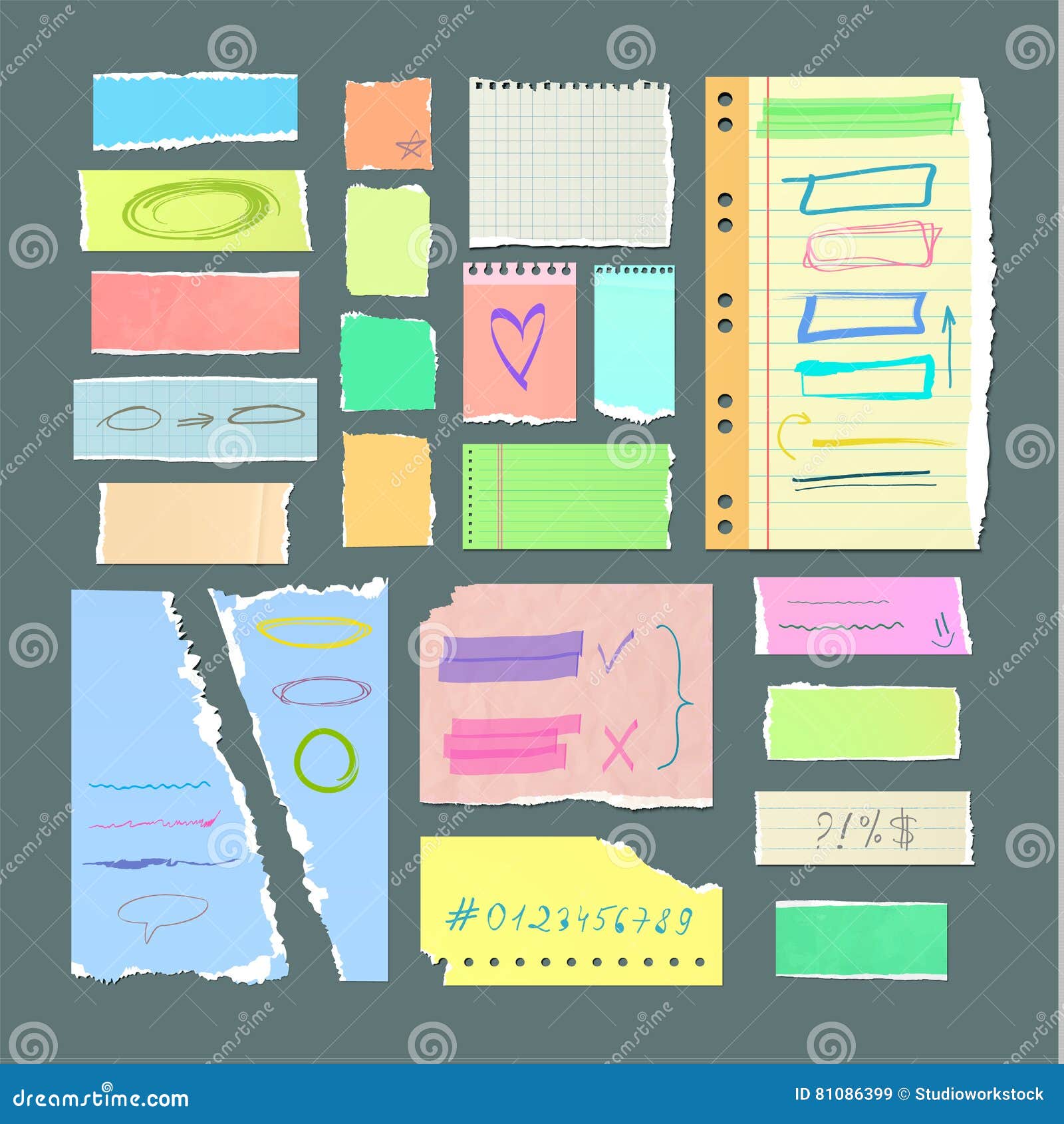 torn off paper sheets with hand drawn s