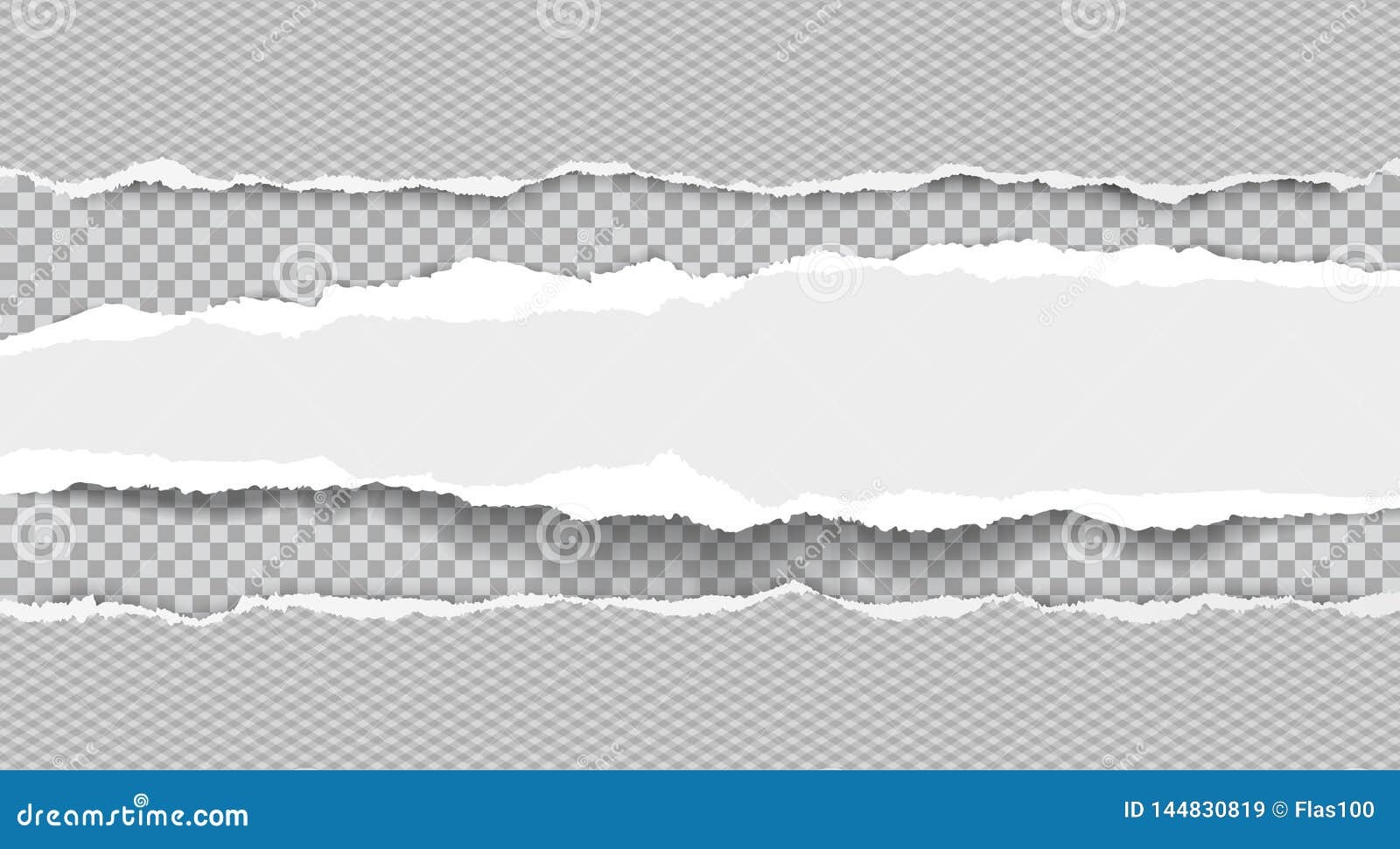 torn, ripped, white and stright paper strips with soft shadow are on squared background.  template 