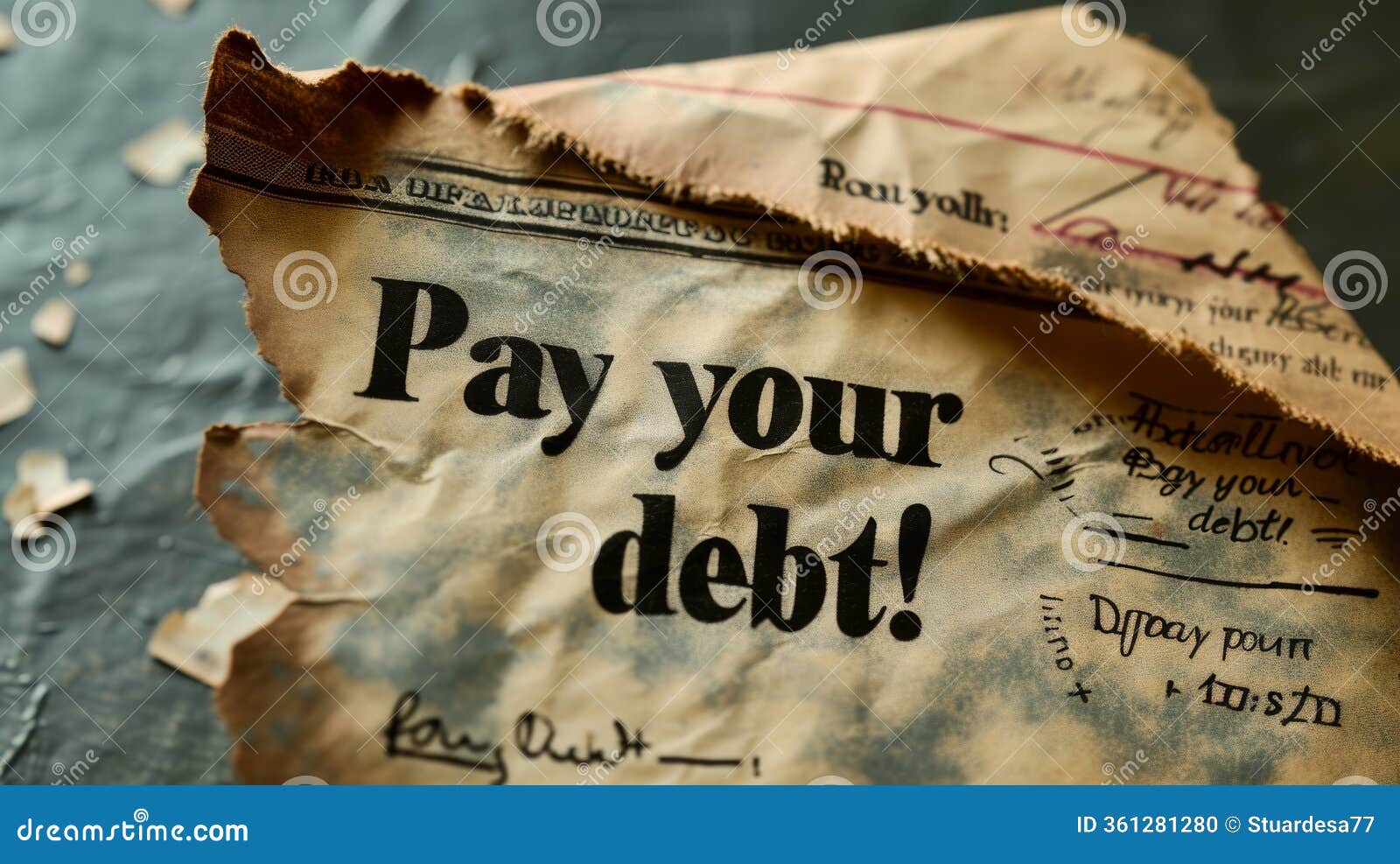 torn vintage document with bold "pay your debt!" text