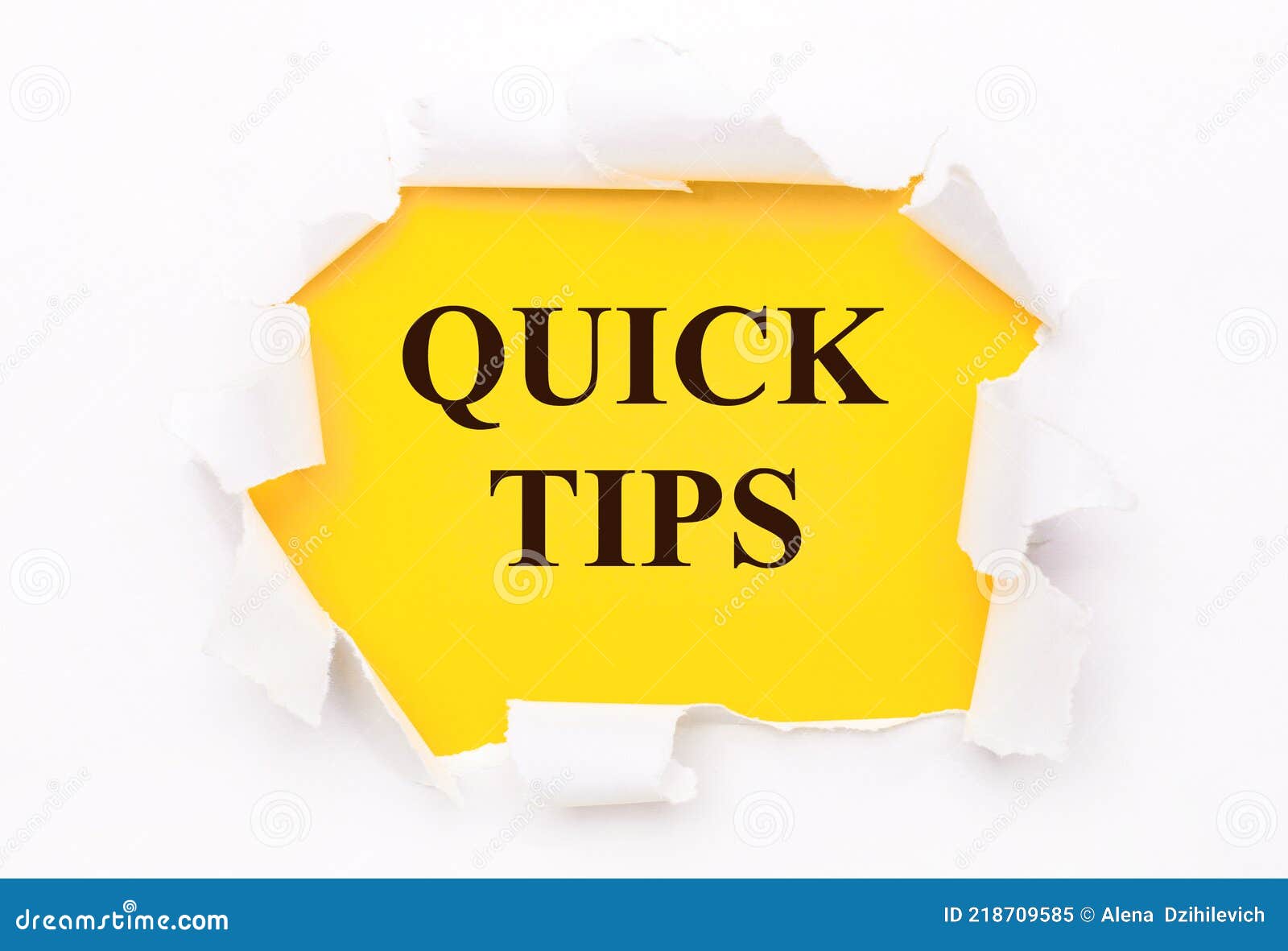 torn white paper lies on a bright yellow background with the text quick tips