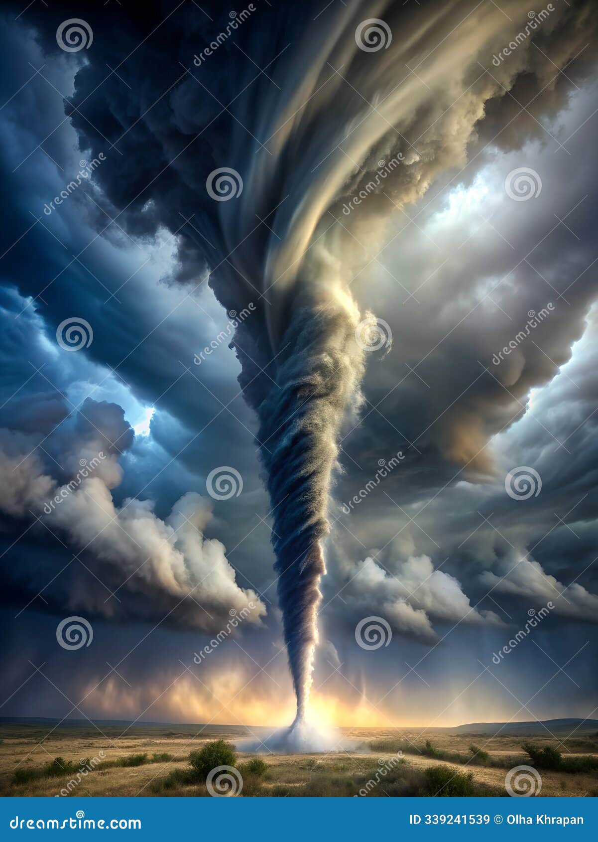 a tornado with a swirling funnel-d column of air coming from a stormy sky to the ground