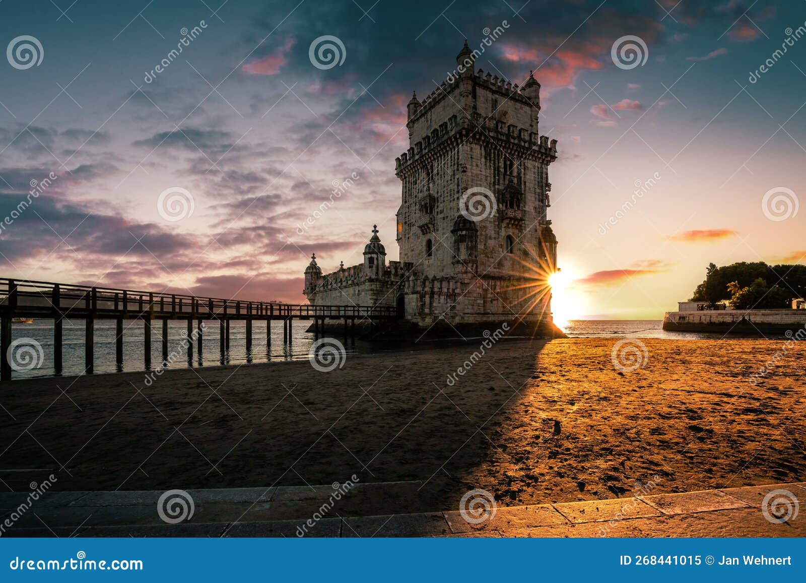 torre de belÃ©m, historical monument in the tagus river. sunset lisbon portugal