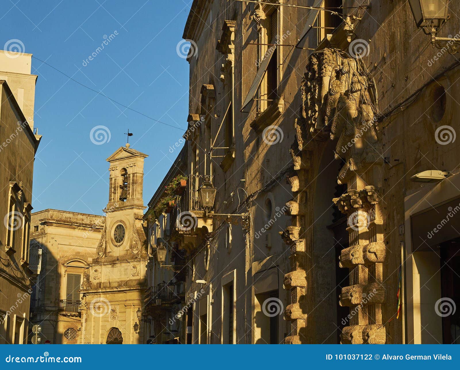 torre delle orologio in vittorio emanuele ii street of galatina, apulia.