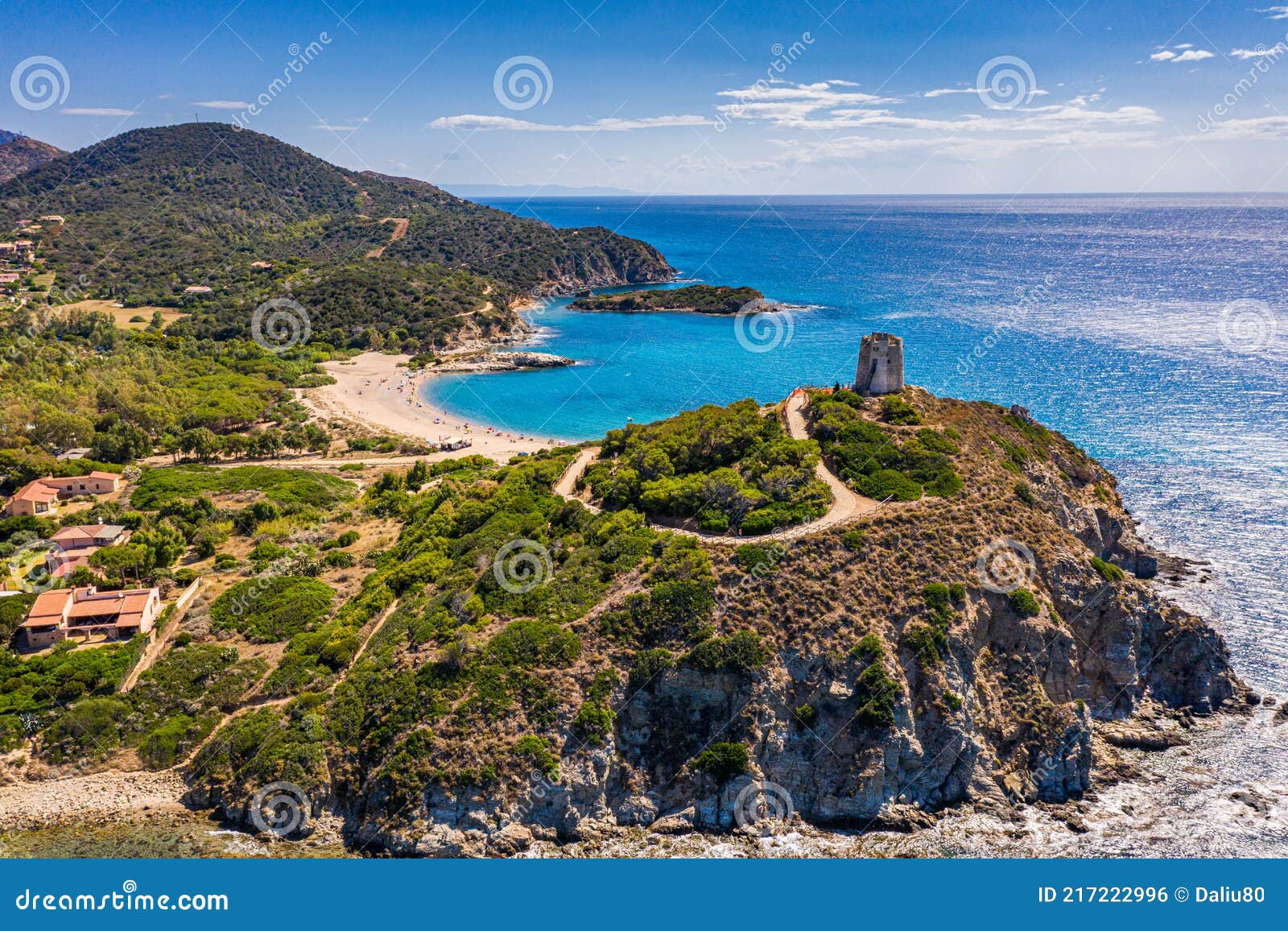 torre di chia view from flying drone. acropoli di bithia with torre di chia tower on background. aerial view of sardinia island,