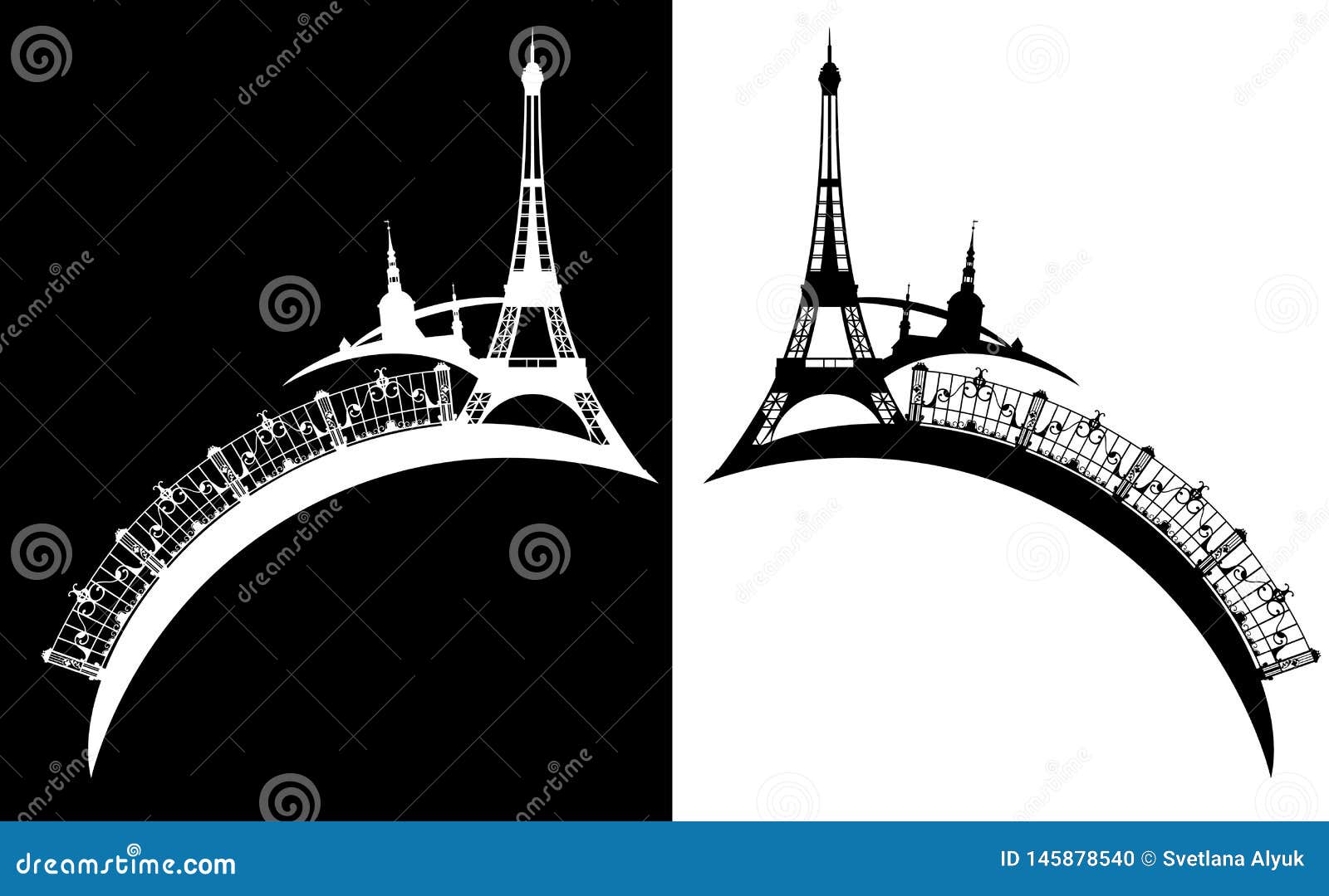 Torre Eiffel y diseño del vector de la silueta de la ciudad de París. Puente de la torre Eiffel y del arco con el esquema de la ciudad - sistema capital francés blanco y negro de la silueta