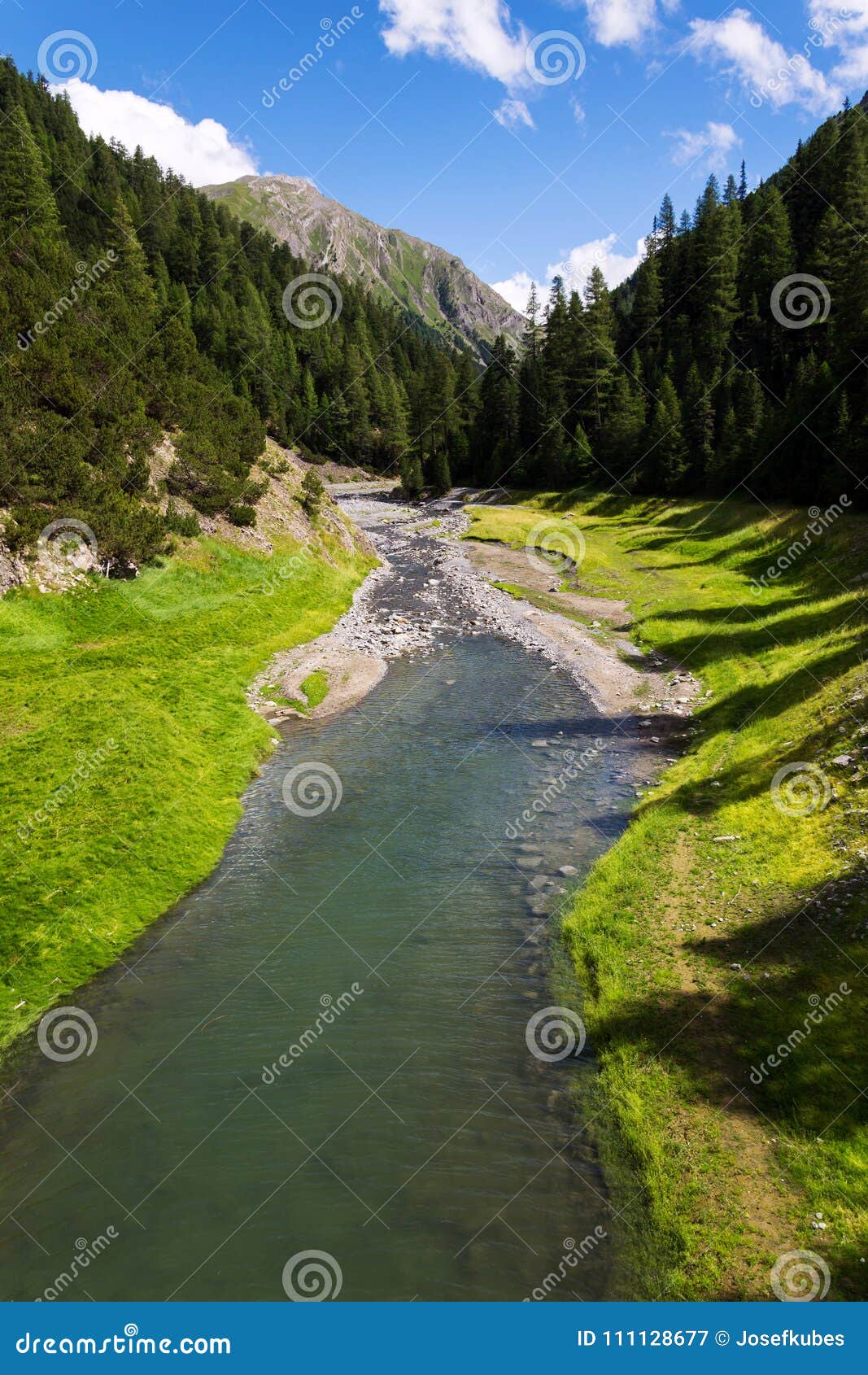 torrente vallaccia flows into lake lago di livigno reservoir, italy