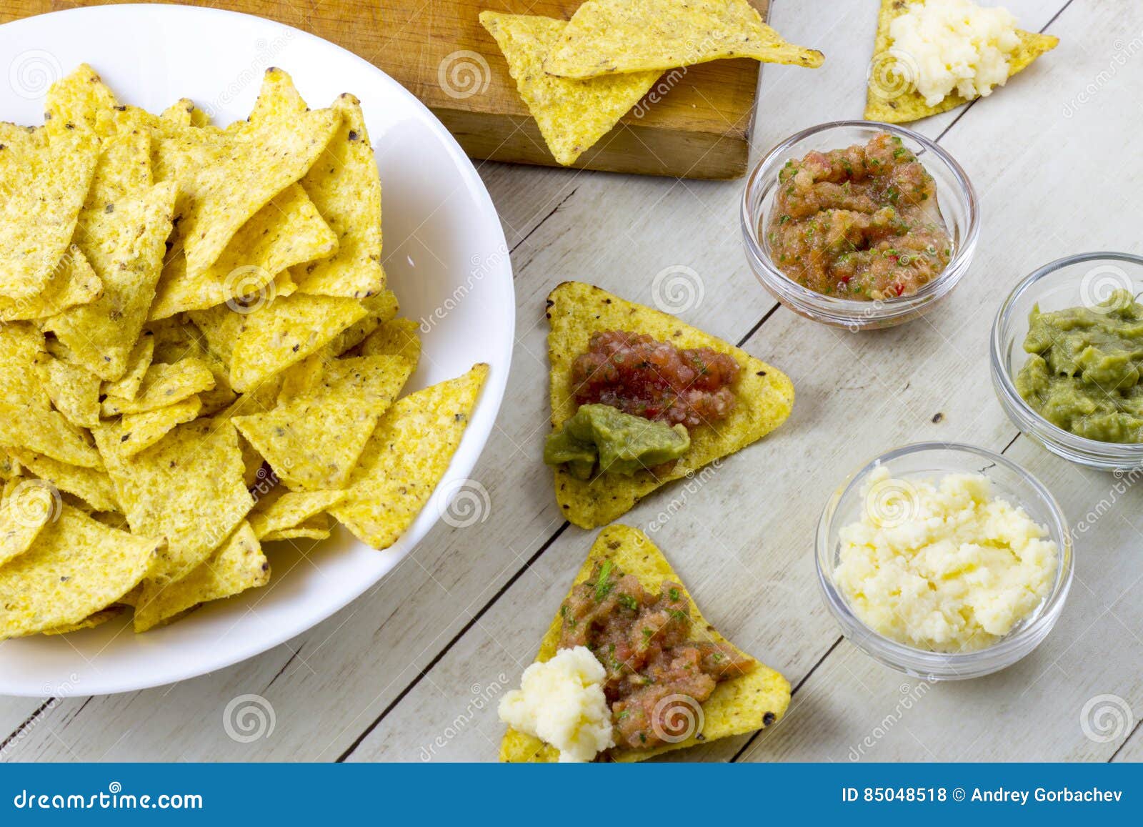 Tortilla Chips with Guacamole and Salsa Dips Stock Photo Image of