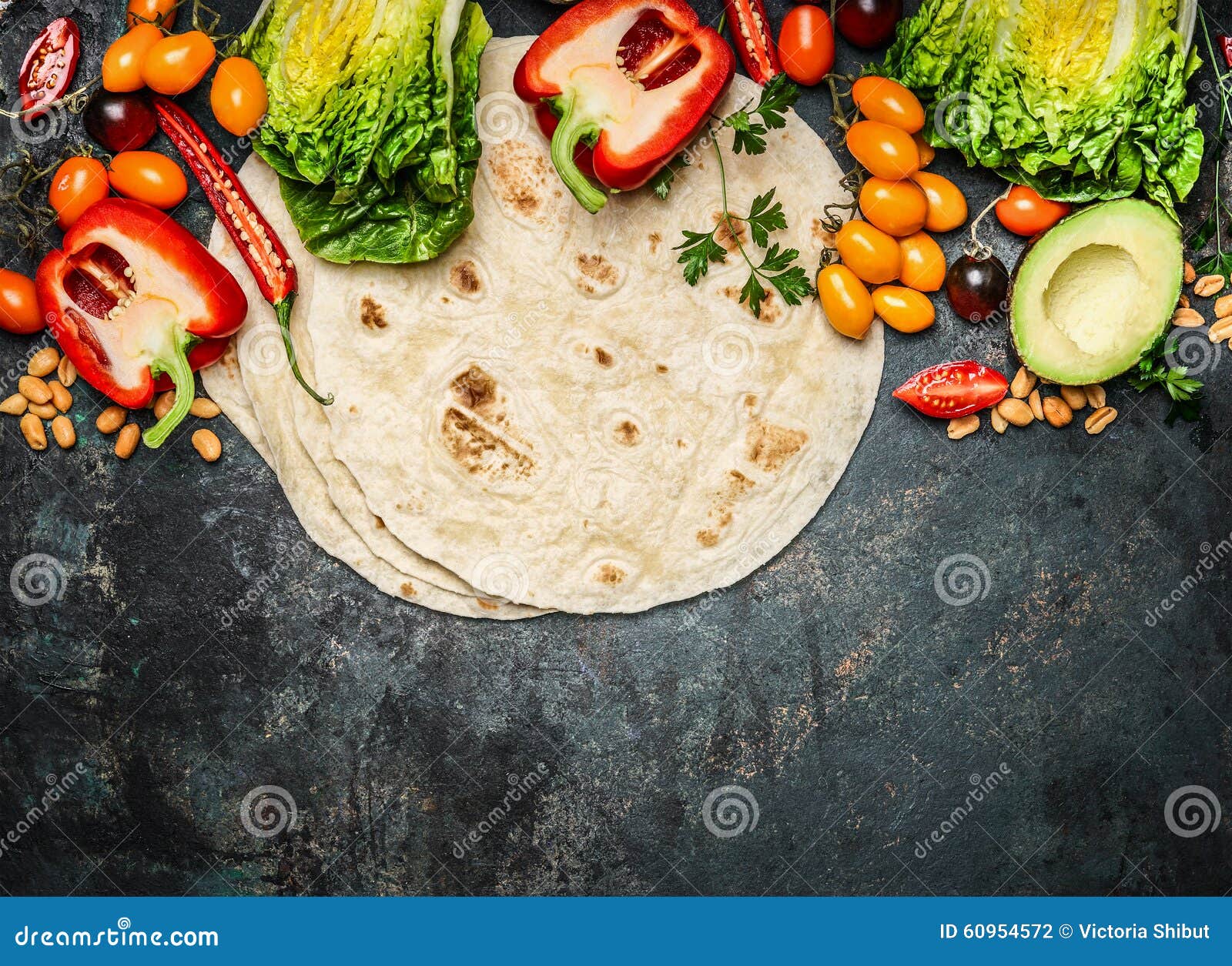 Tortillas Flat and Various Vegetables for Tacos or Burrito Making on