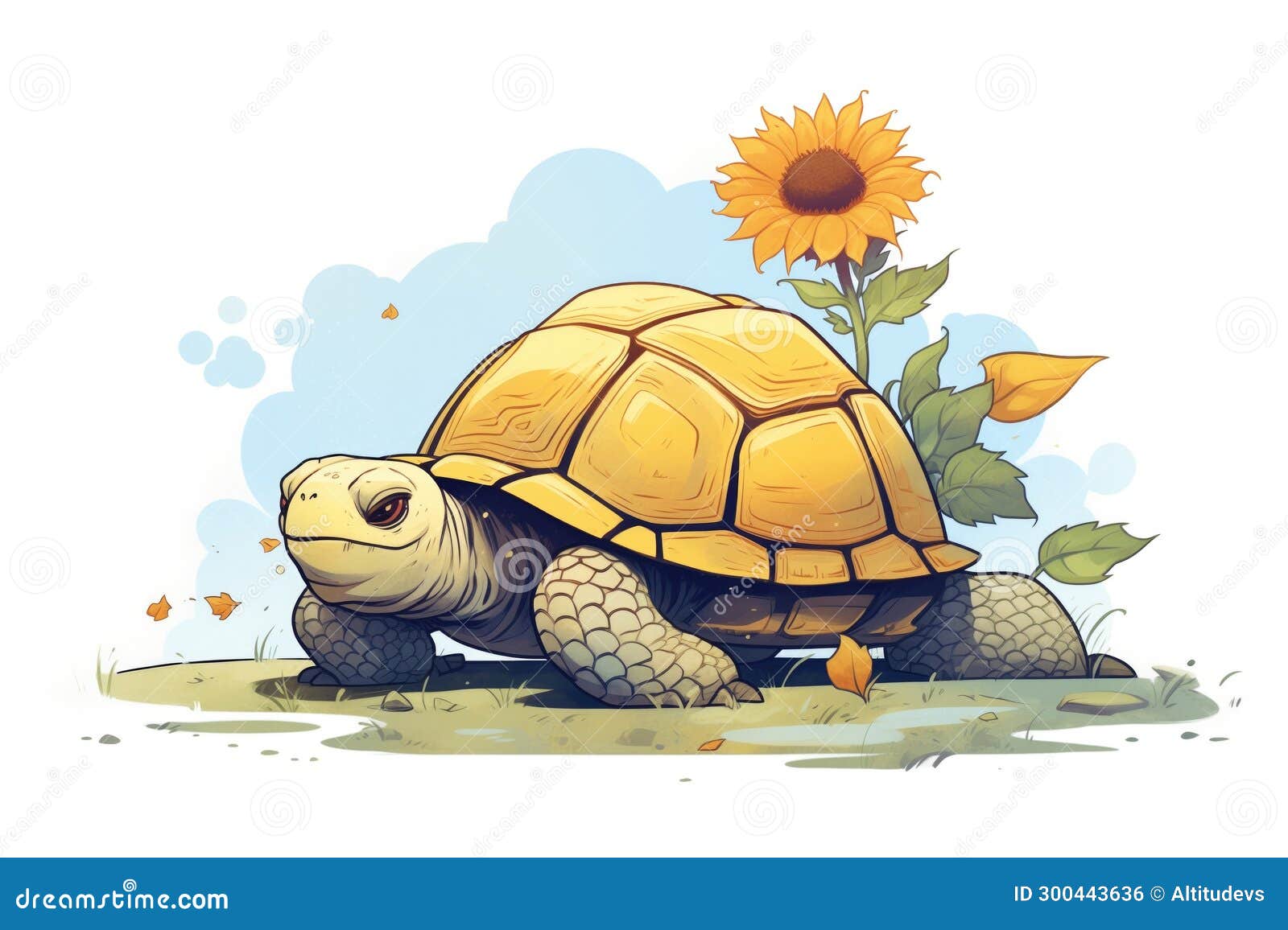 Tortoise Resting in the Shade of a Towering Sunflower Stock Photo