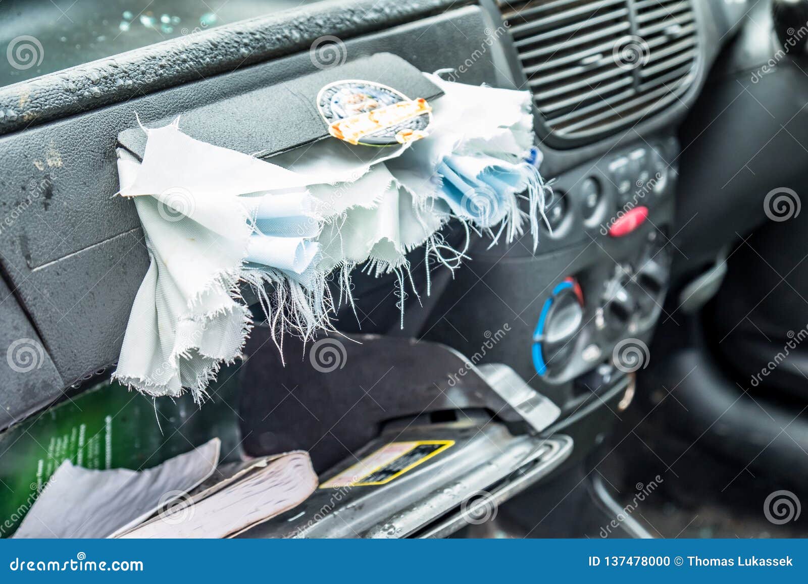 Total Loss Car with Exploded Airbag and Broken Windscreen Stock Photo