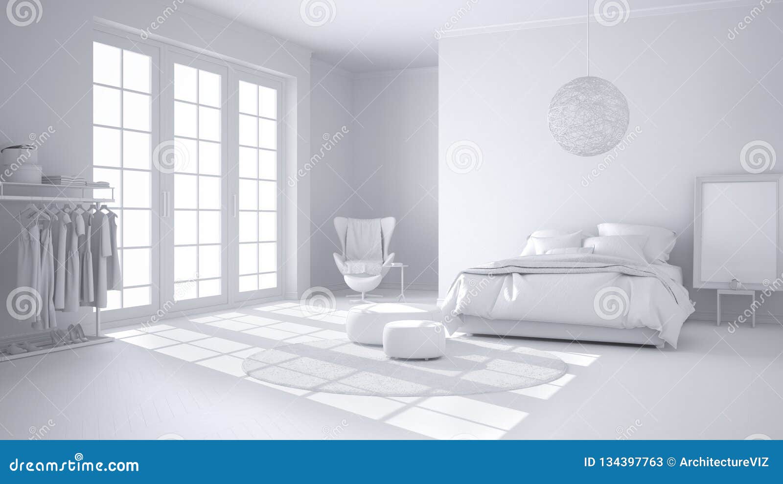 Total White Project Of Comfortable Modern Bedroom With Wooden