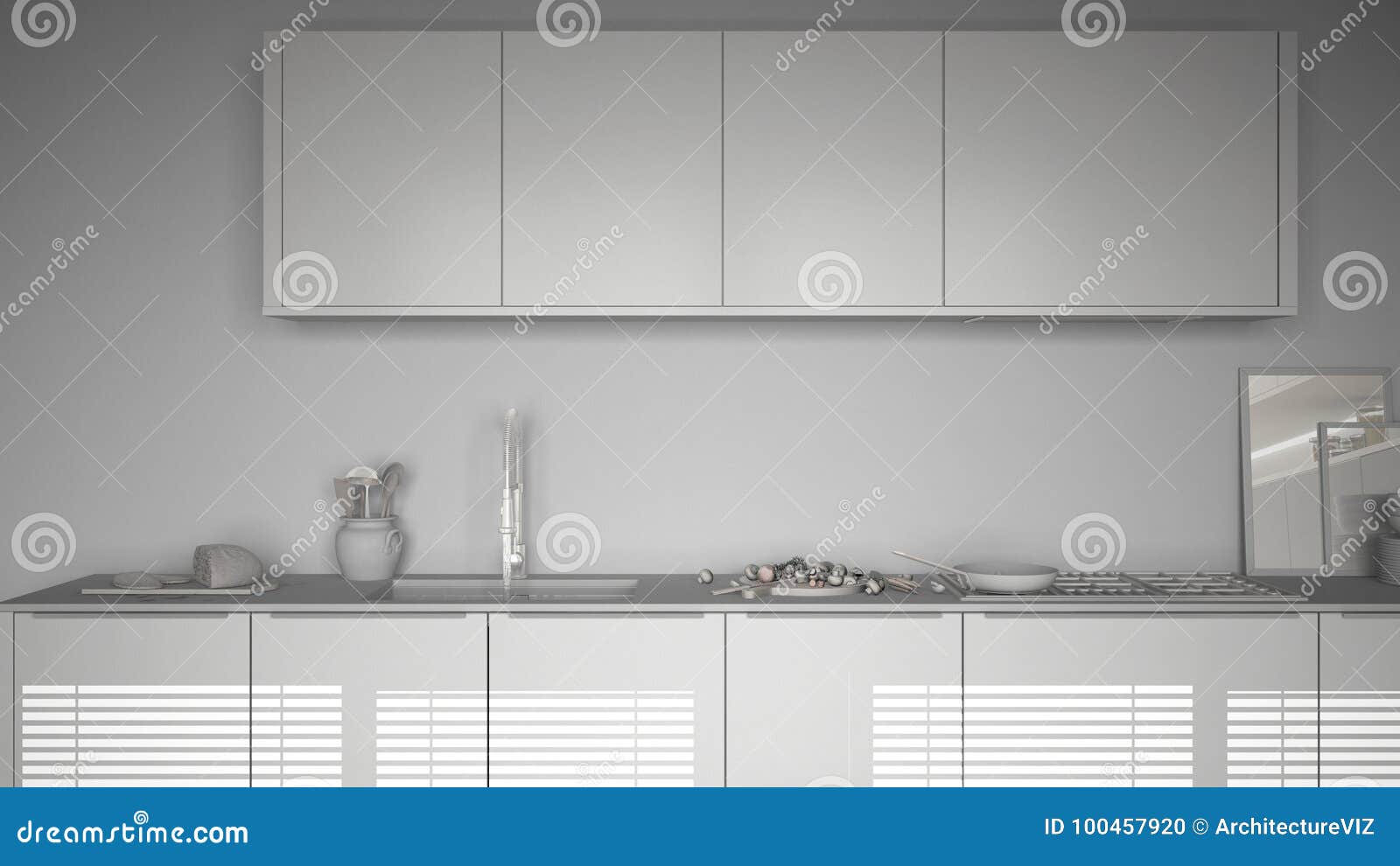 Total White Project of Modern Kitchen with Table and Chairs, Closeup