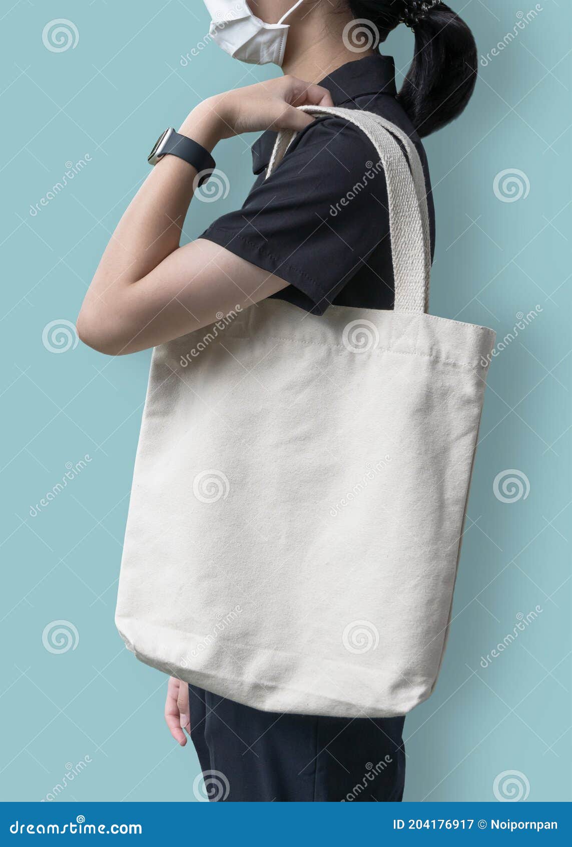 Download Tote Bag Mockup With Canvas White Cotton Fabric Cloth For Eco Shopping Handbag Mock Up Blank Template On Shoulder Of Girl Stock Image Image Of Blue Canvas 204176917