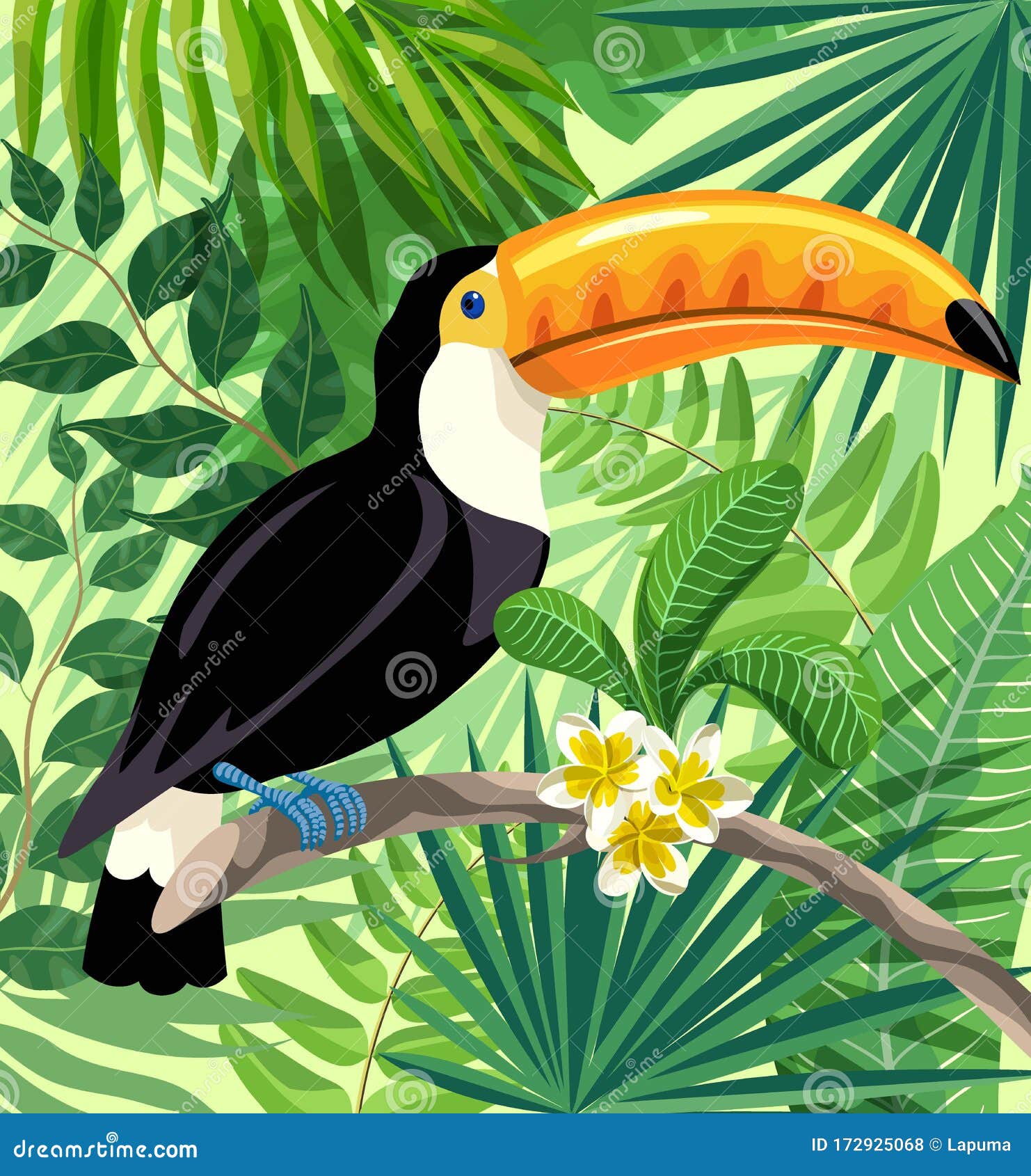 Toucan Bird In The Rainforest Color Illustration Stock Vector