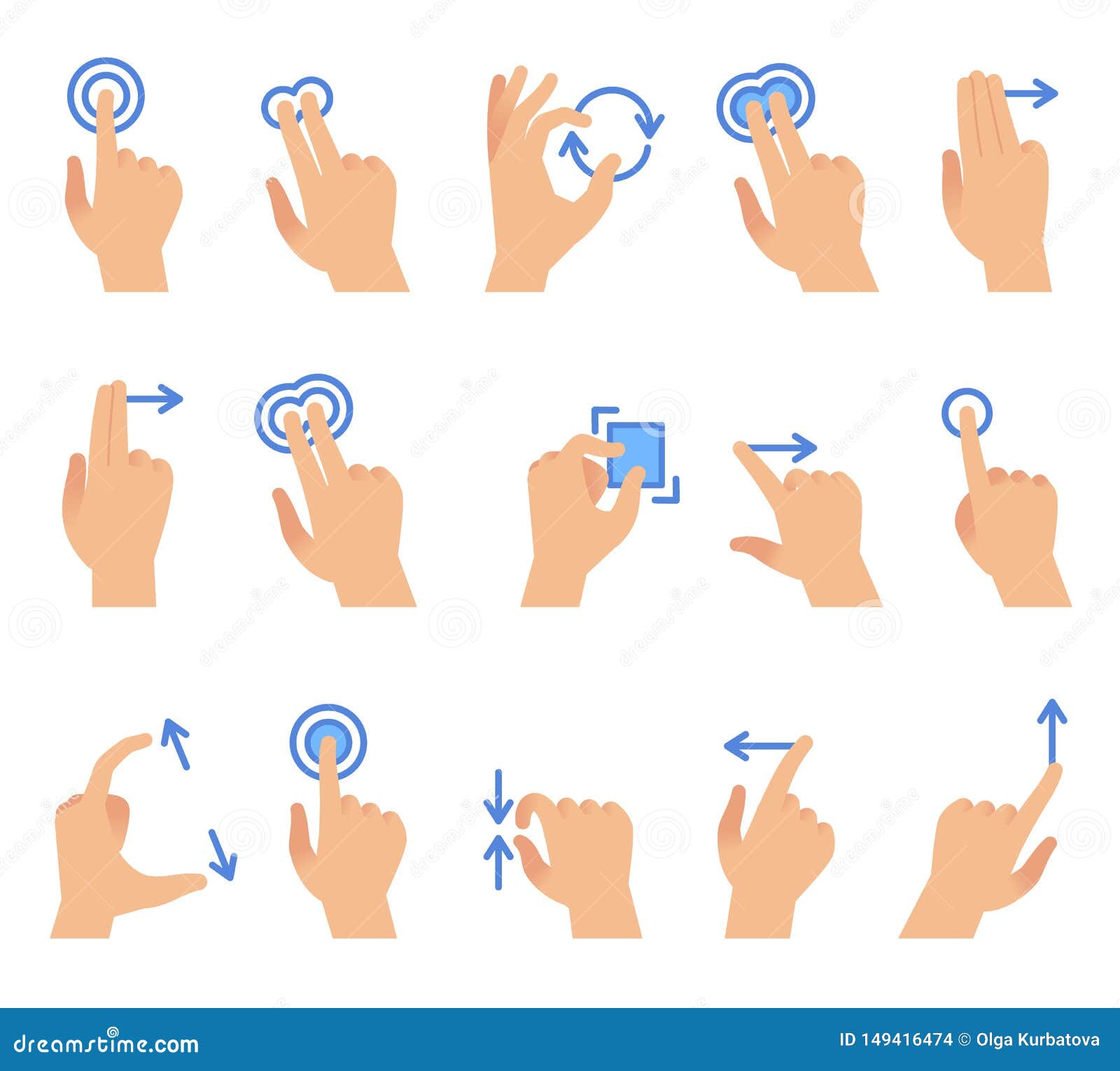 touch screen hand gestures. touching screen devices communication, drag using finger gesture for apps interface 