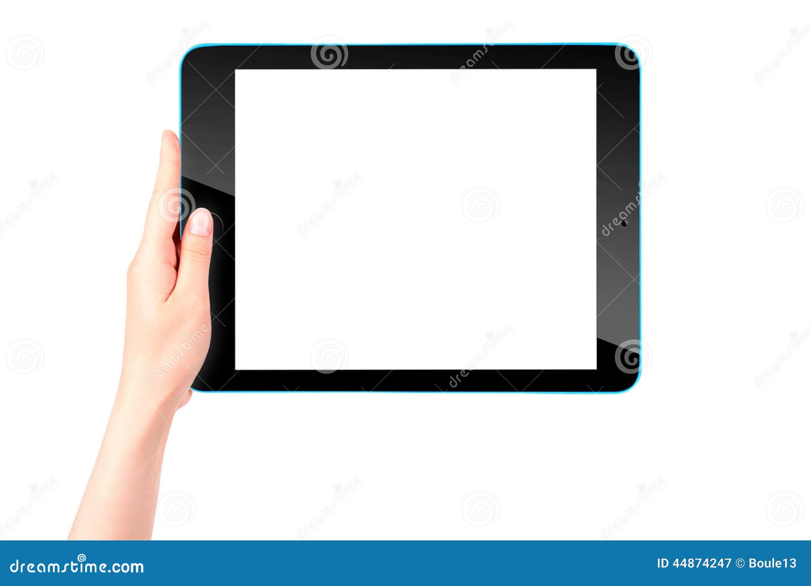 Touch screen tablet computer with hand. Touch screen tablet computer with blank screen and woman hand isolated.