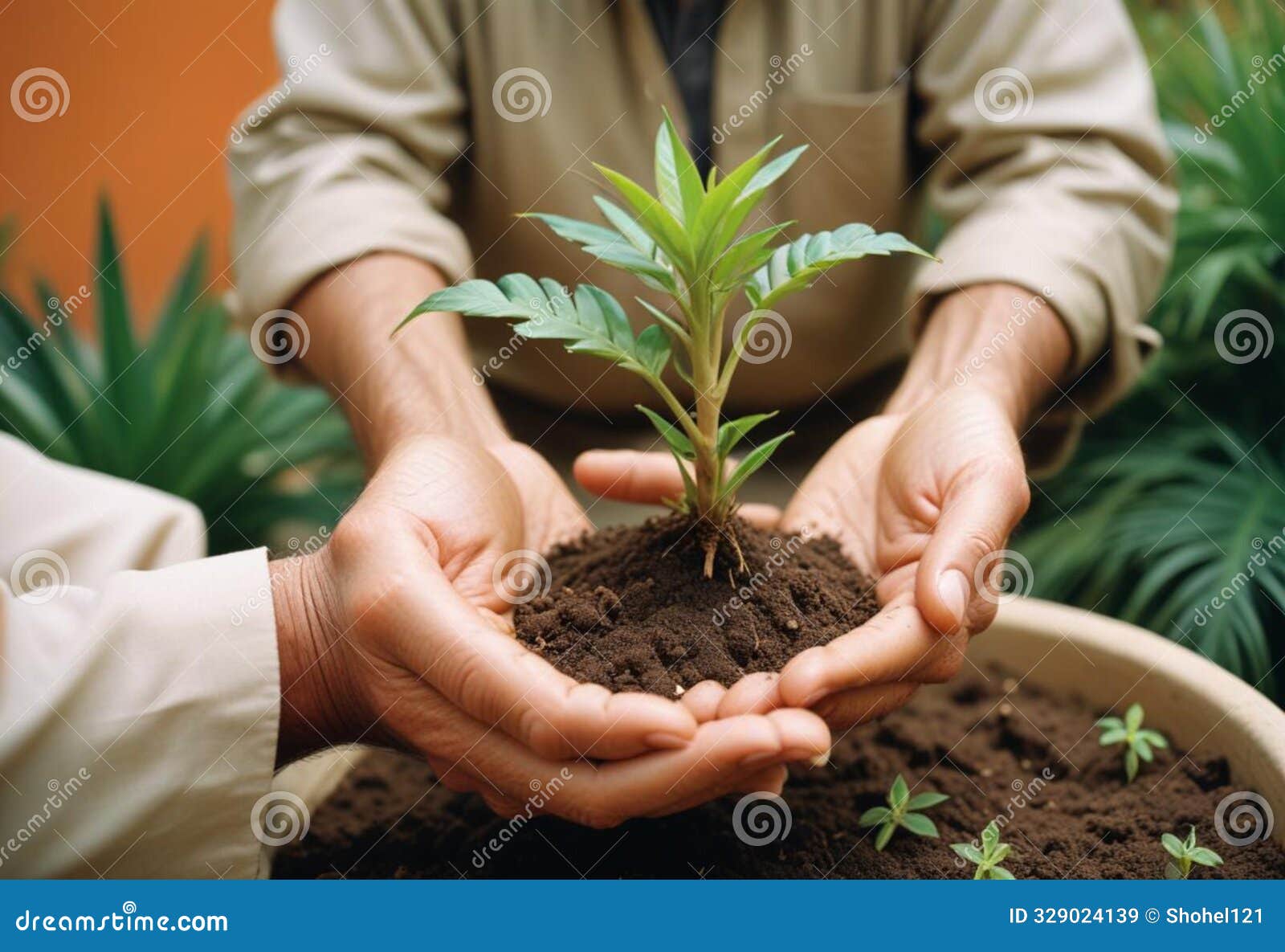 caring hands embracing a seedling in nutrient-rich soil