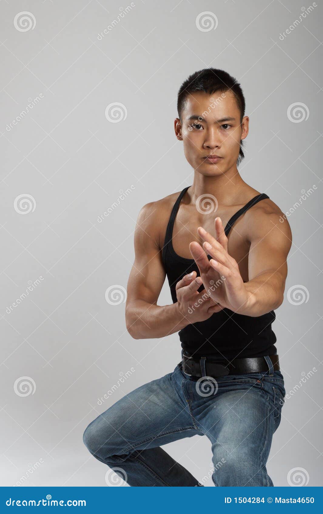 Back Of Muscular Asian Man Flexing Biceps , Thumbs Up 