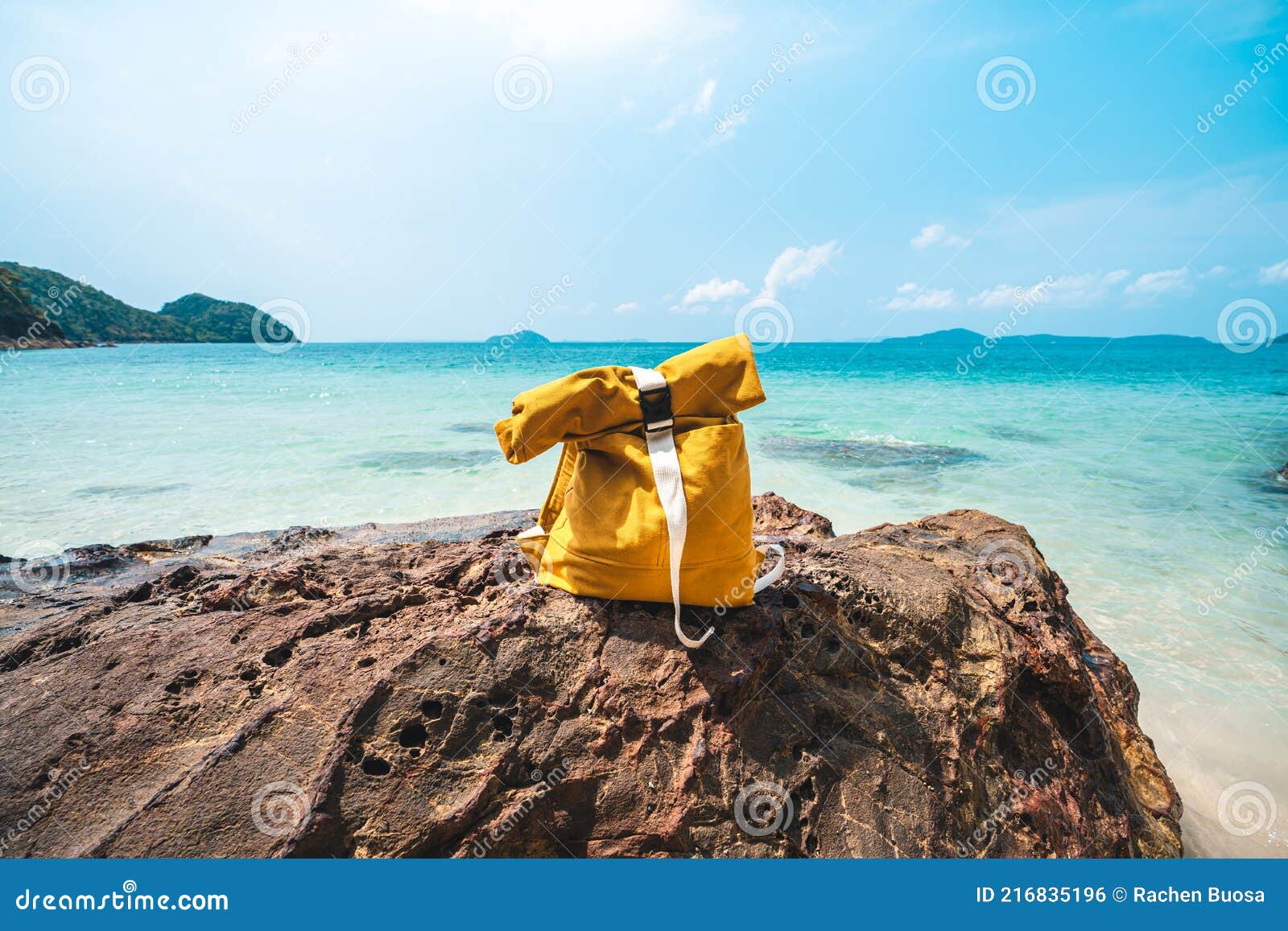 Yellow Backpack on the Beach on Vacation Stock Photo Image of coast