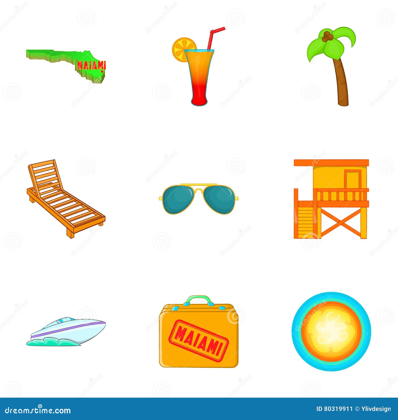 Tourism in Miami Icons Set, Cartoon Style Stock Vector - Illustration ...