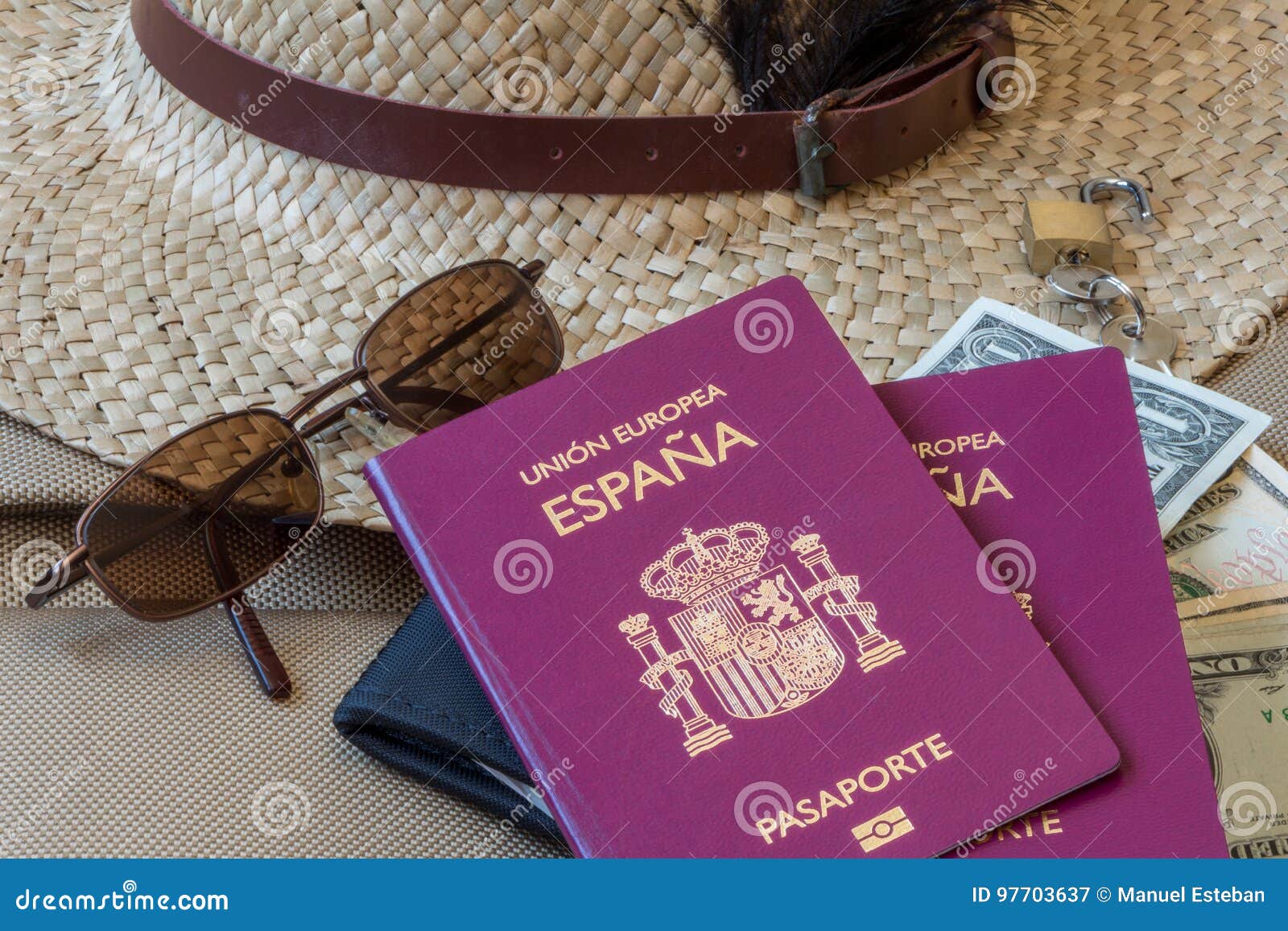 tourism travel concept. female hat, sunglasses, money and passports