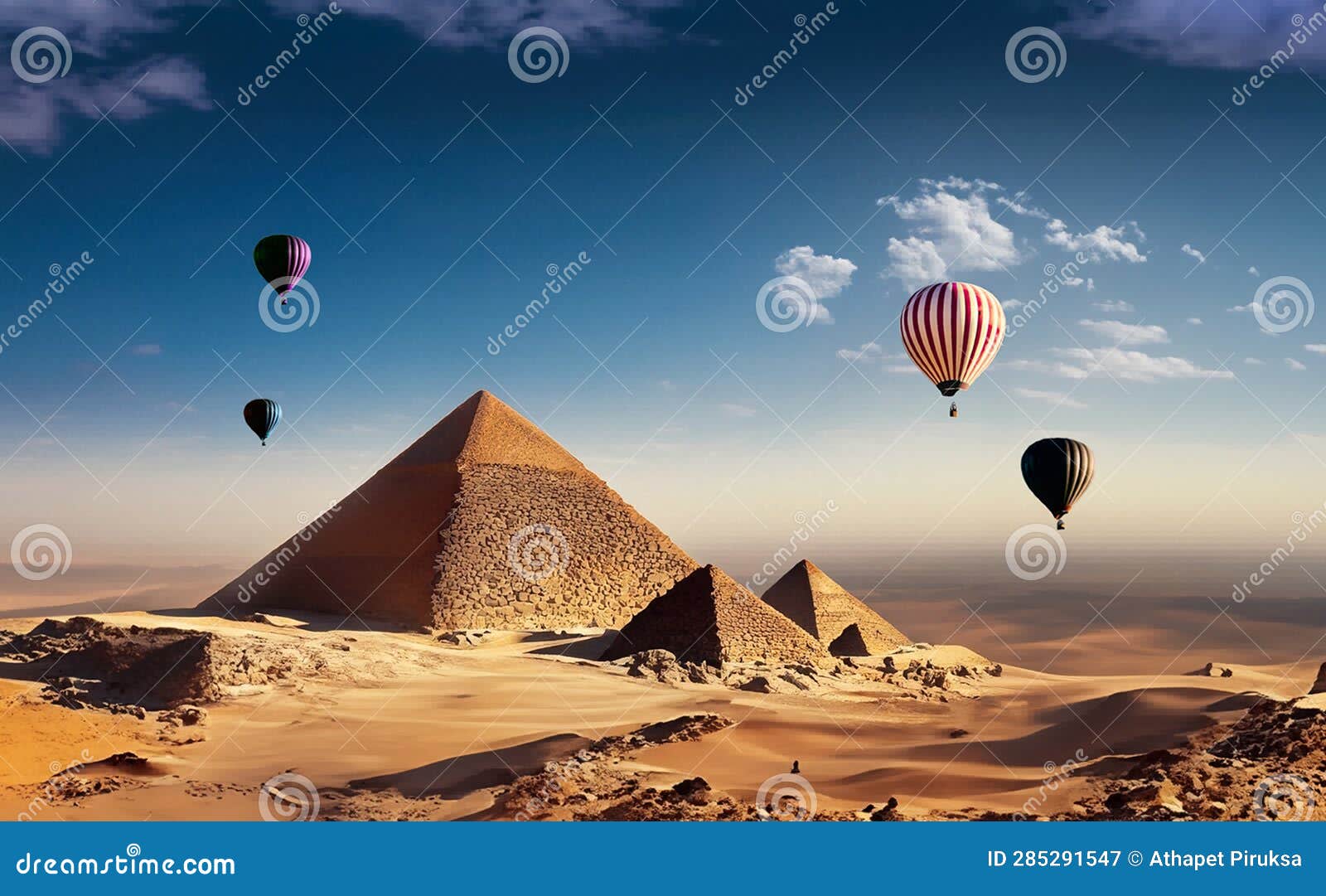 tourist balloons fly to see high pyramids in desert, ai generated