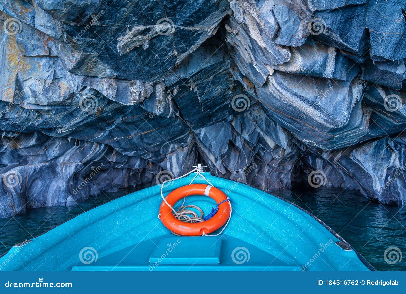 tour boat exploring the marble caves in the general carrera lake, chilean patagonia, south america