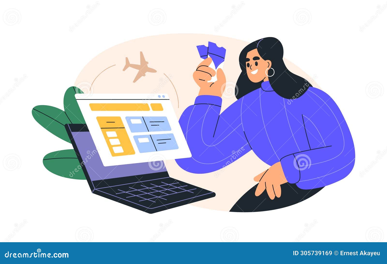 tourist buying air flight tickets online. aircraft, airplane checkin, boarding pass through internet. woman booking
