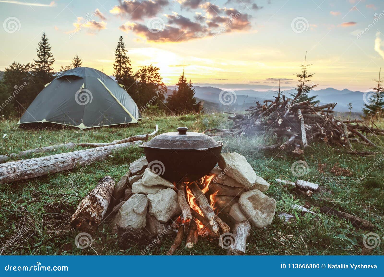 Tourist Camp with Fire, Gree Tent and Firewood Stock Photo Image of forest, light 113666800