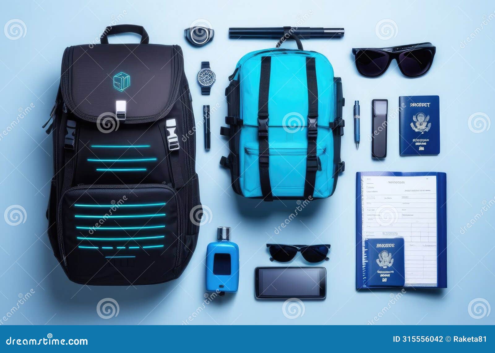 tourist layout - traveler's outfit, cybernetics style backpack, documents, bag,view from above