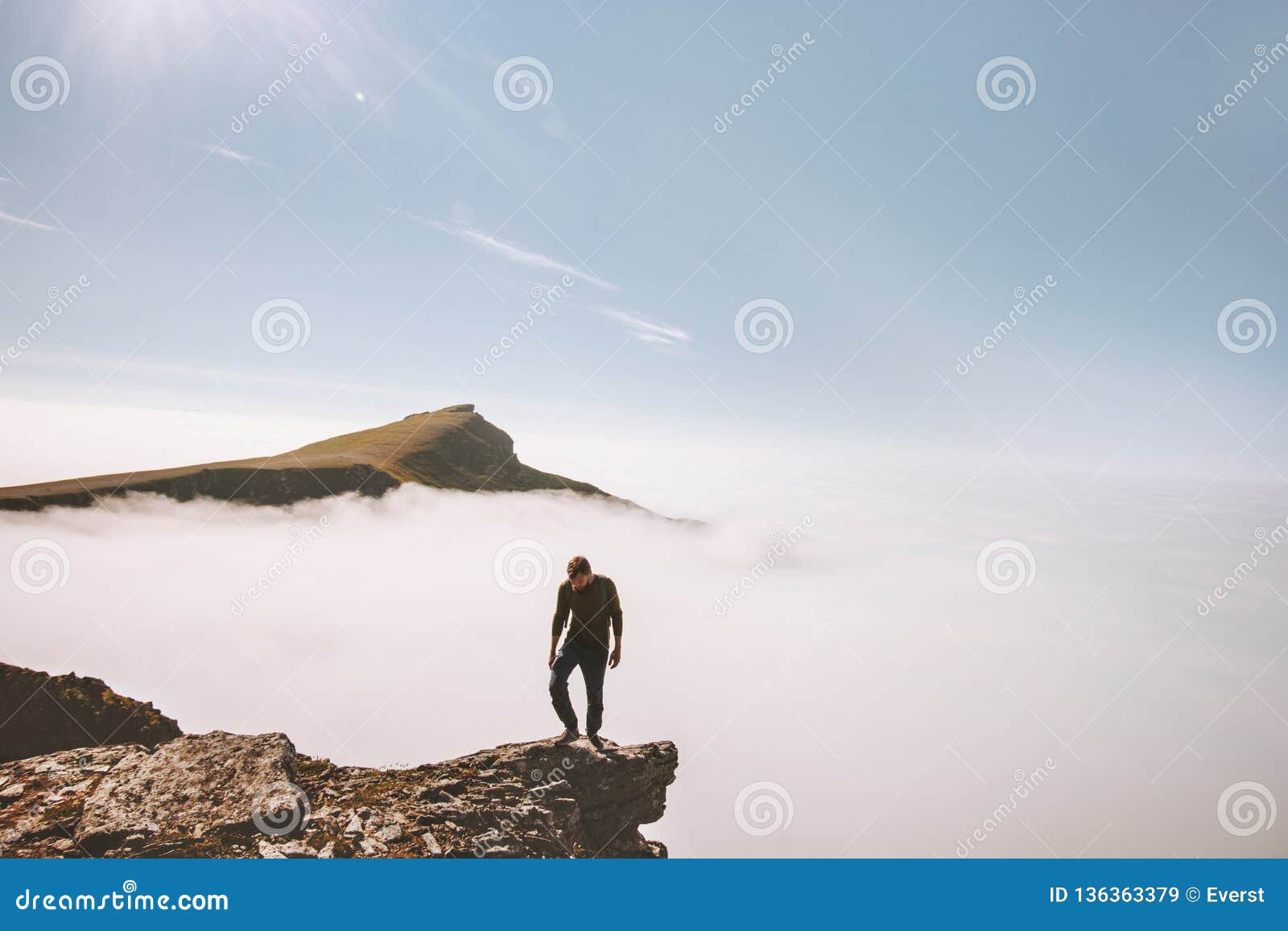 Tourist Man Exploring Mountains Over Clouds Active Adventure Stock ...