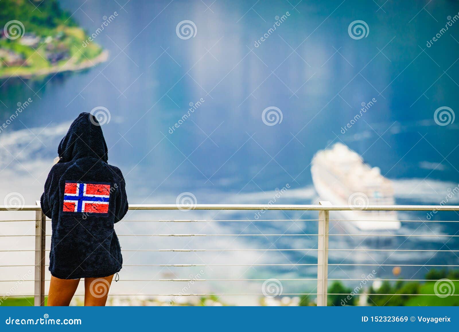 Tourist Over Fjord Wearing Norwegian Flag Clothing Stock Image - Image ...