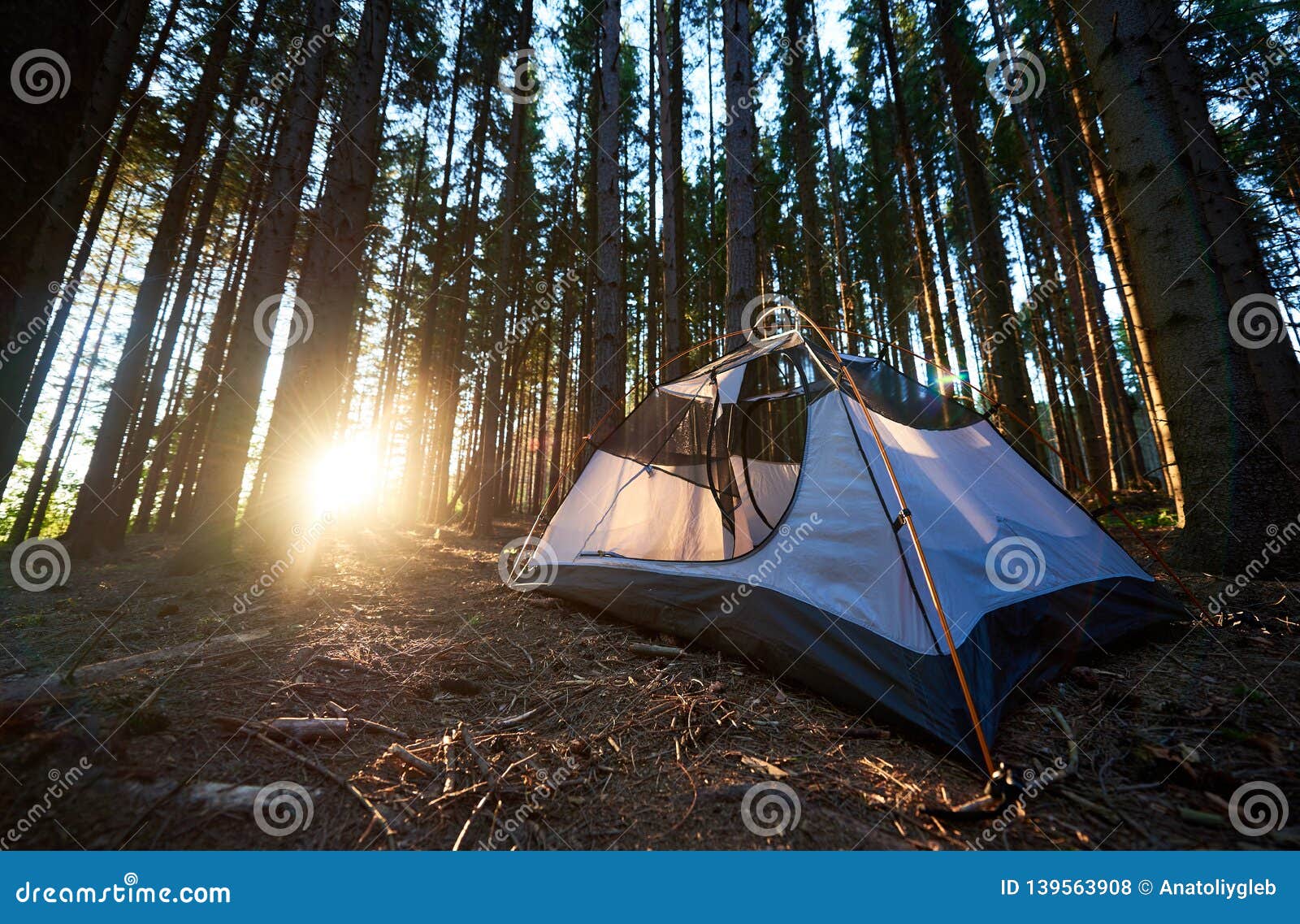 Tourist Tent At Campsite In The Evening Summer Camping Stock Photo