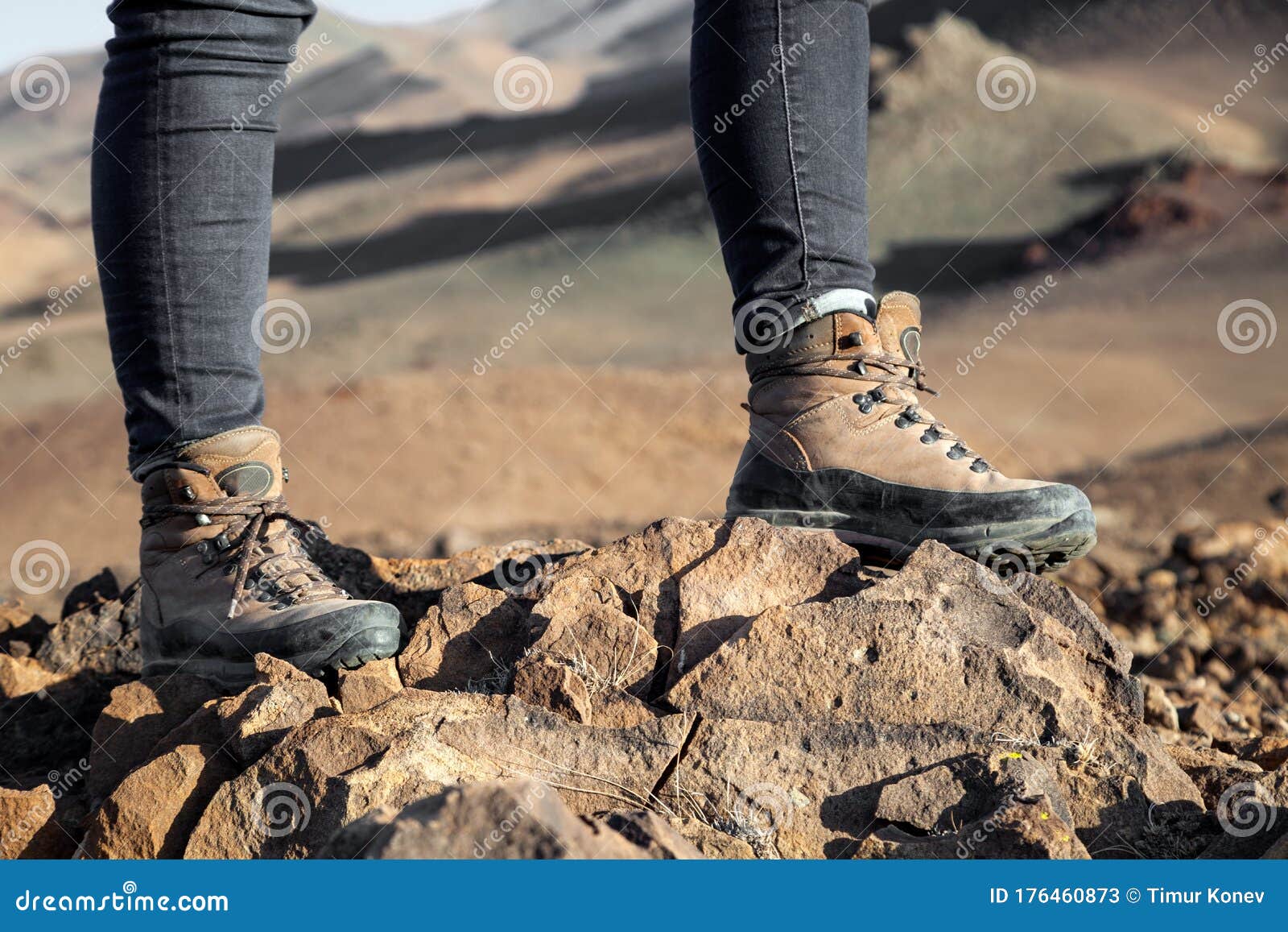 Tourist in Trekking Hiking Boots Walking on Mountain on Sunset Stock ...
