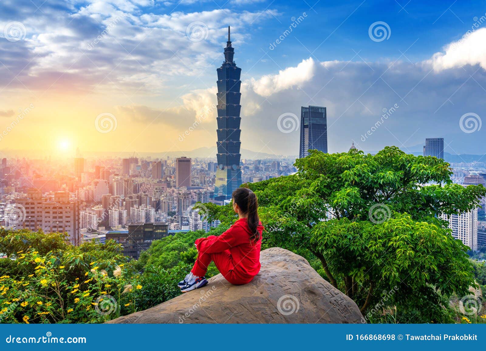 tourist woman enjoying view on mountains in taipei, taiwan.
