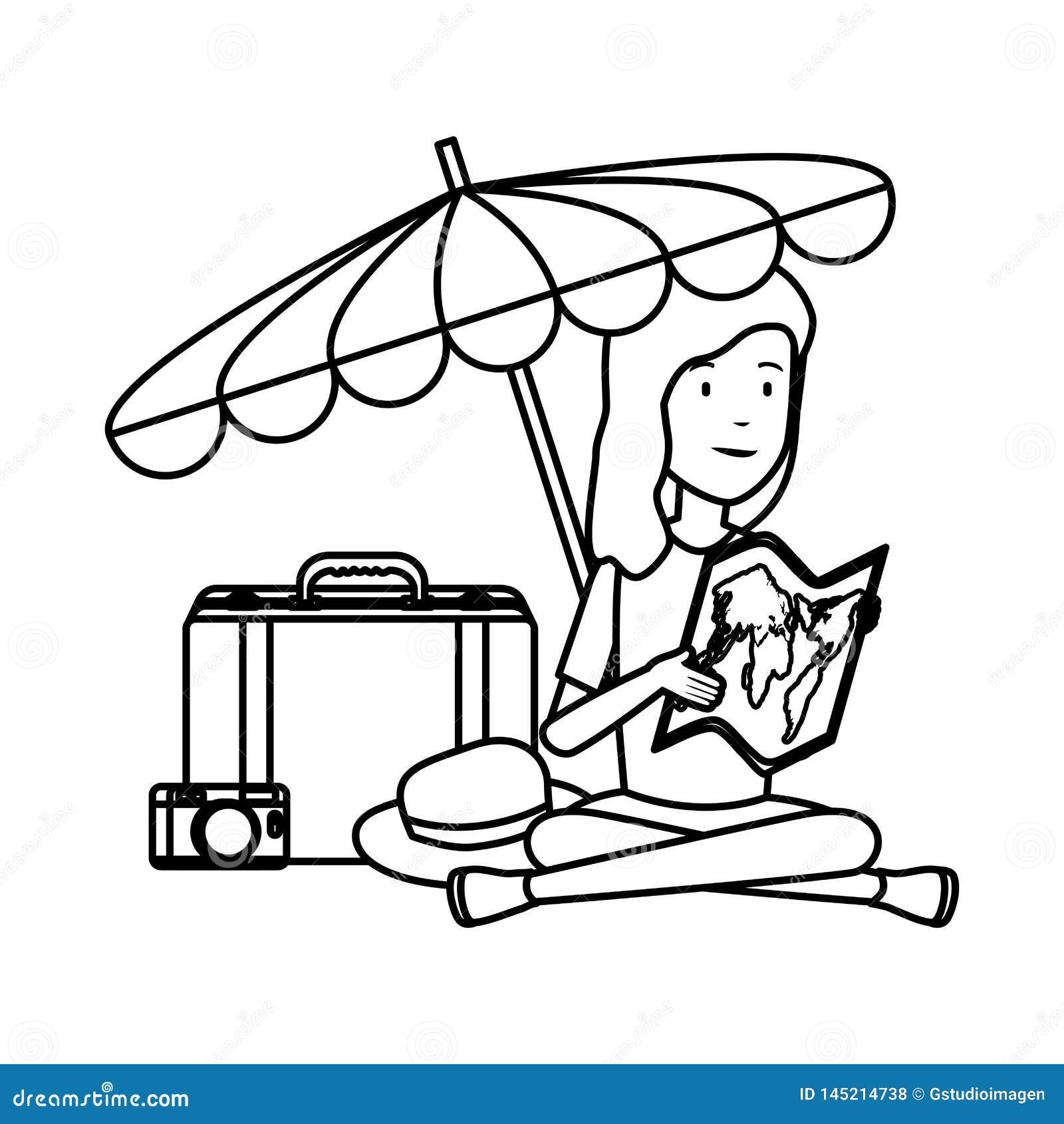 Tourist Woman with Paper Map and Travel Icons Stock Vector ...